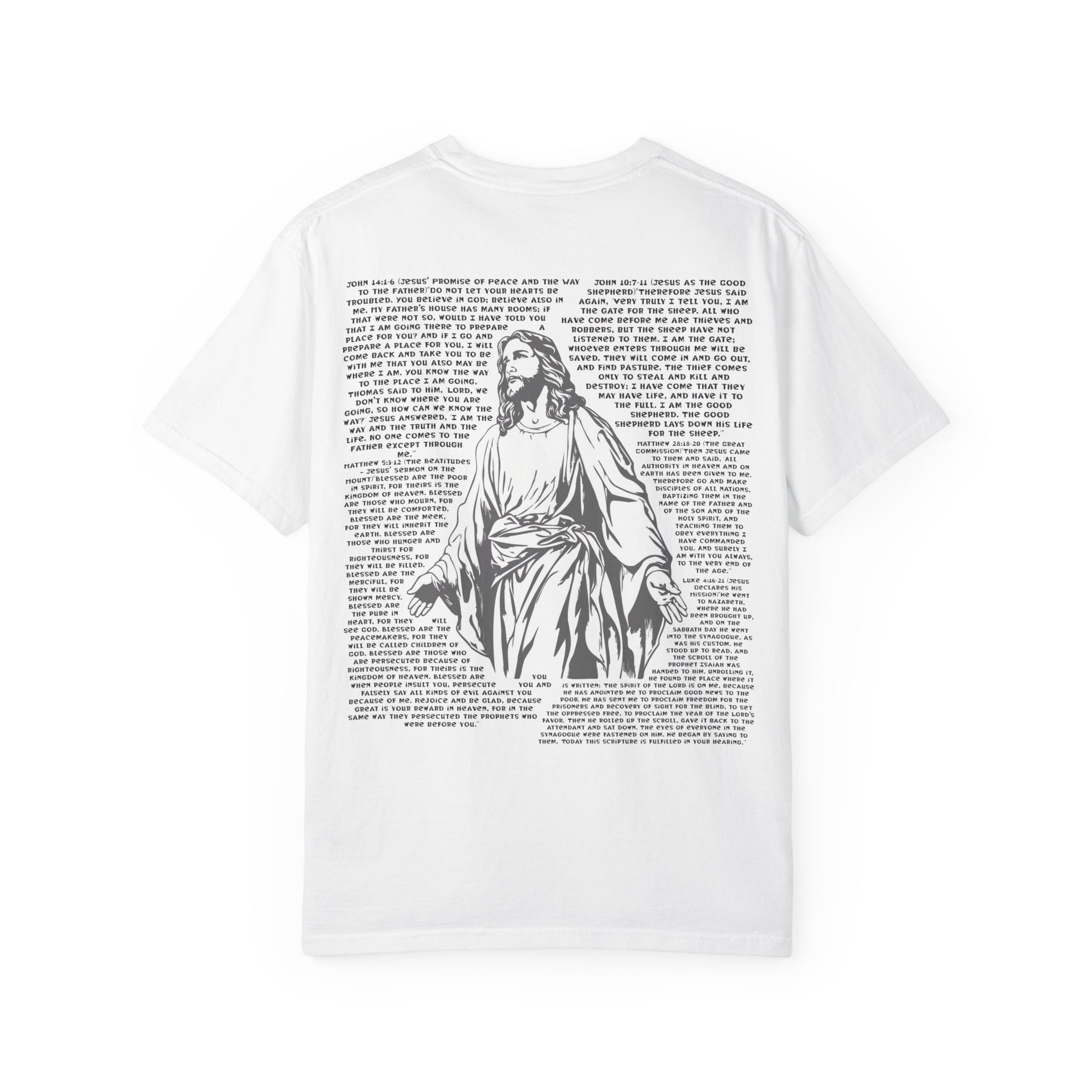 Men's white T-shirt with black cross and John 3:16 Bible verse, Christian faith apparel.