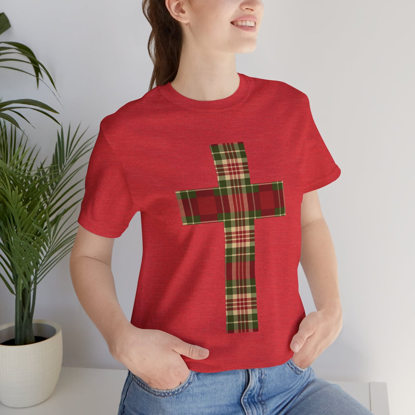 Plaid Cross Christmas Tee – Rustic Faith Holiday T-Shirt