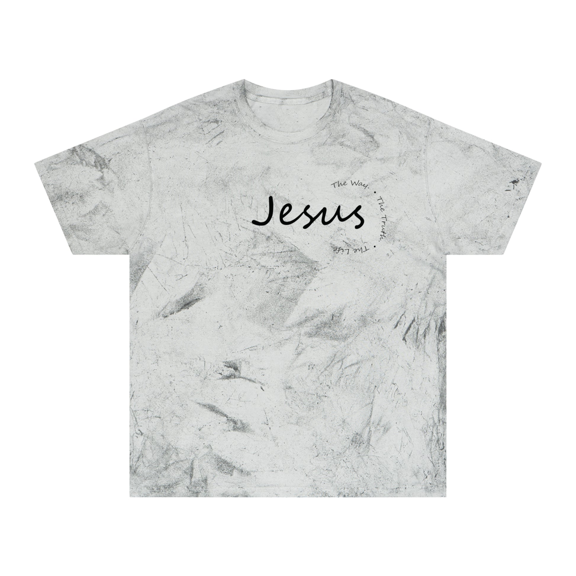 Marble-patterned t-shirt with 'Jesus' text on a white background
