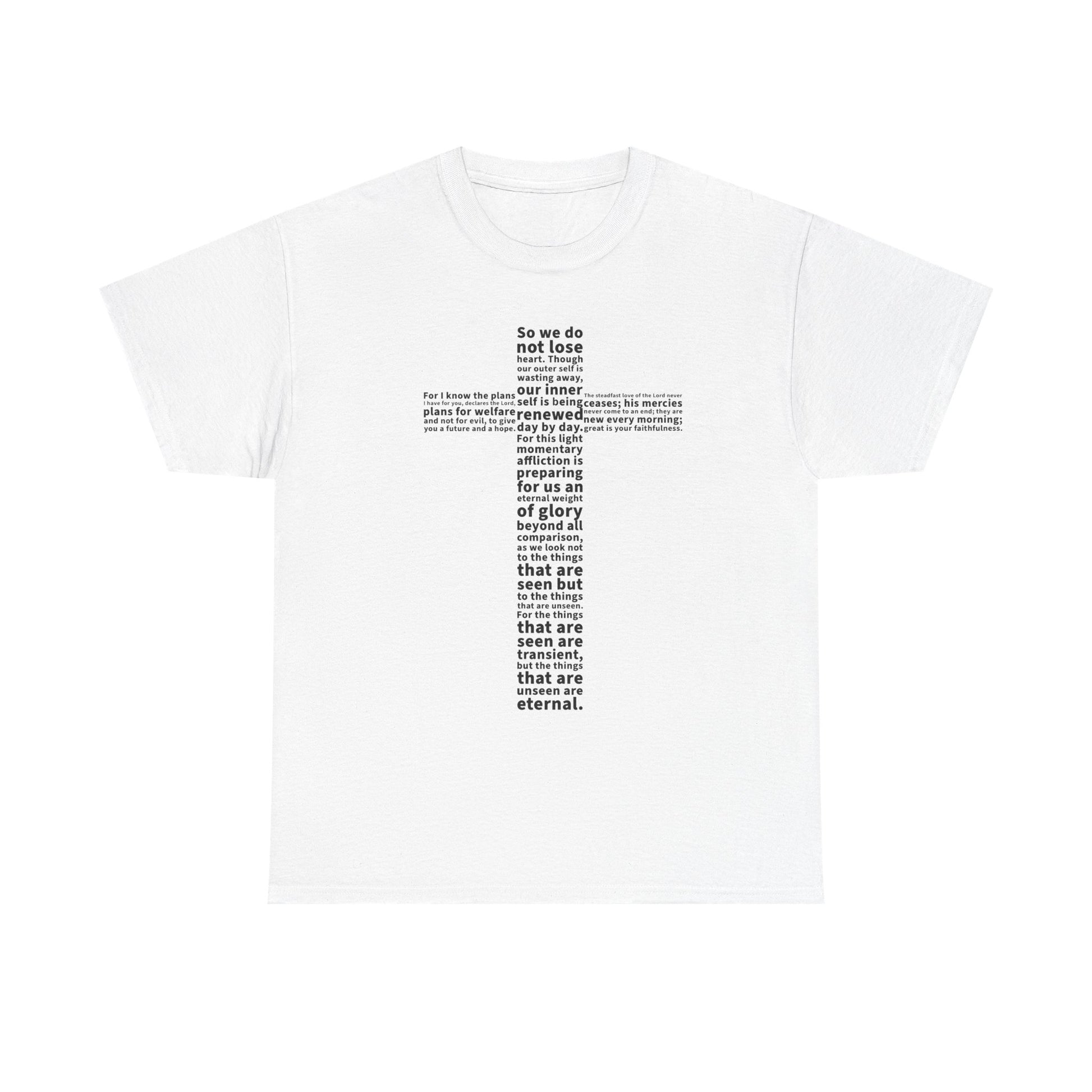 White t-shirt with black text on a white background