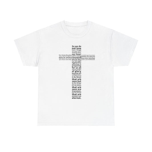 White t-shirt with black text on a white background