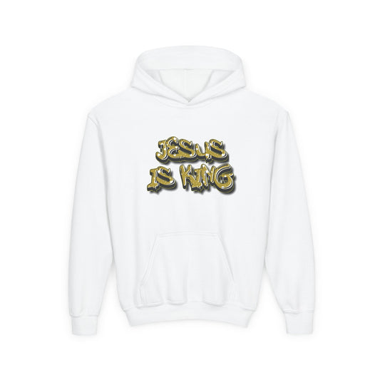 Youth gold on black 'Jesus Is King' hoodie, urban Christian apparel for young believers.