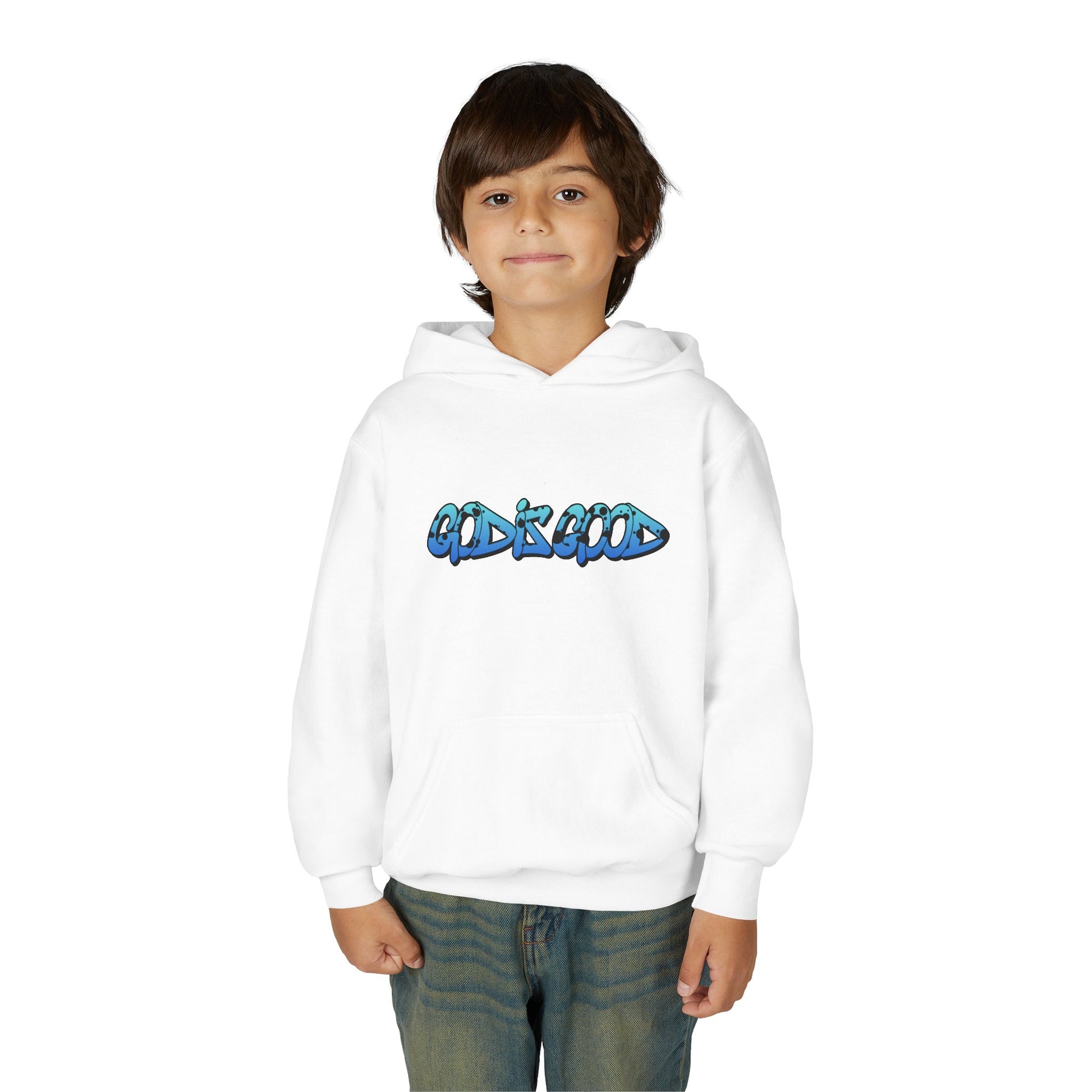 Youth black cotton hoodie with 'God is Good' text in bold white, Christian faith design for teens