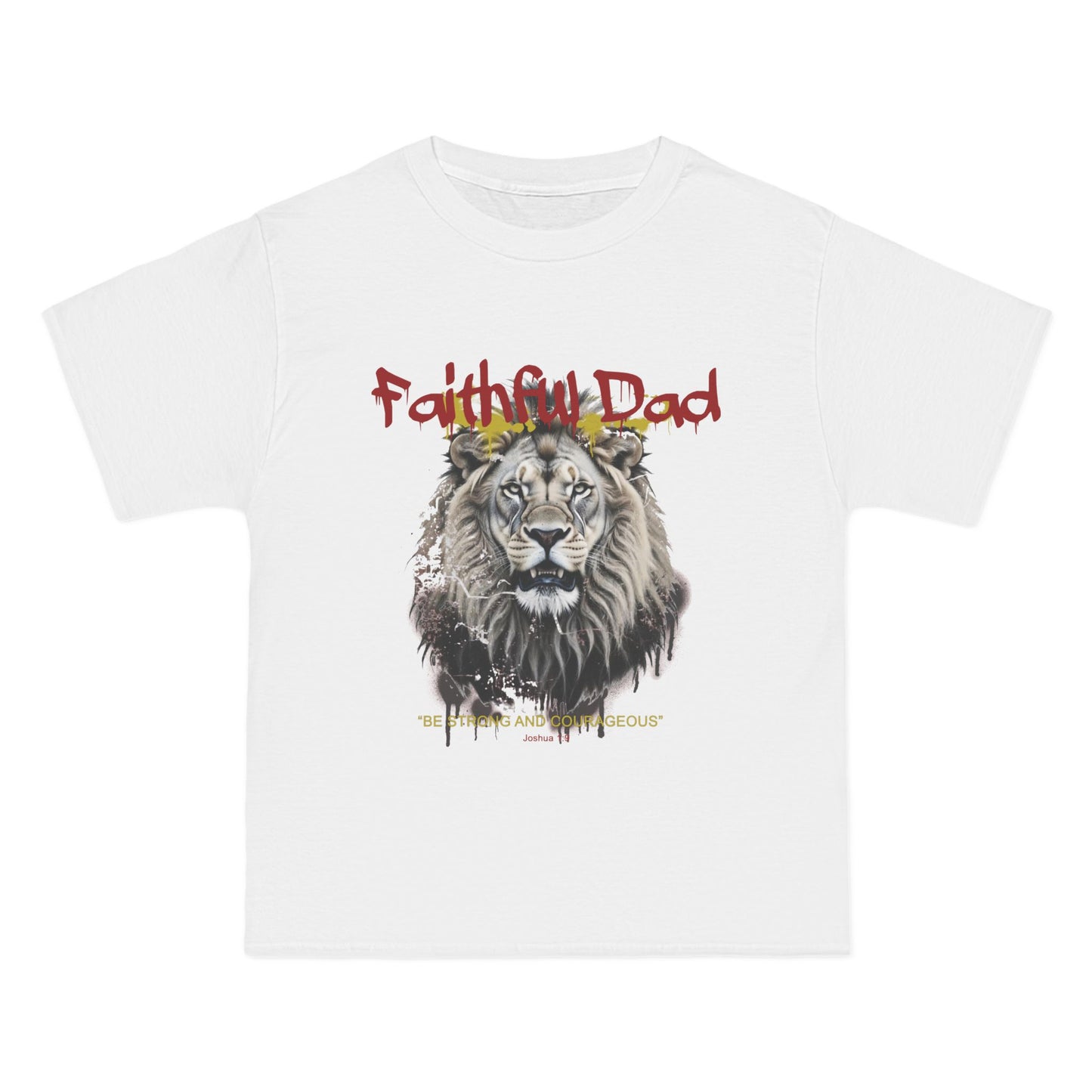 Close-up of red graffiti “Faithful Dad” and shattered lion head design