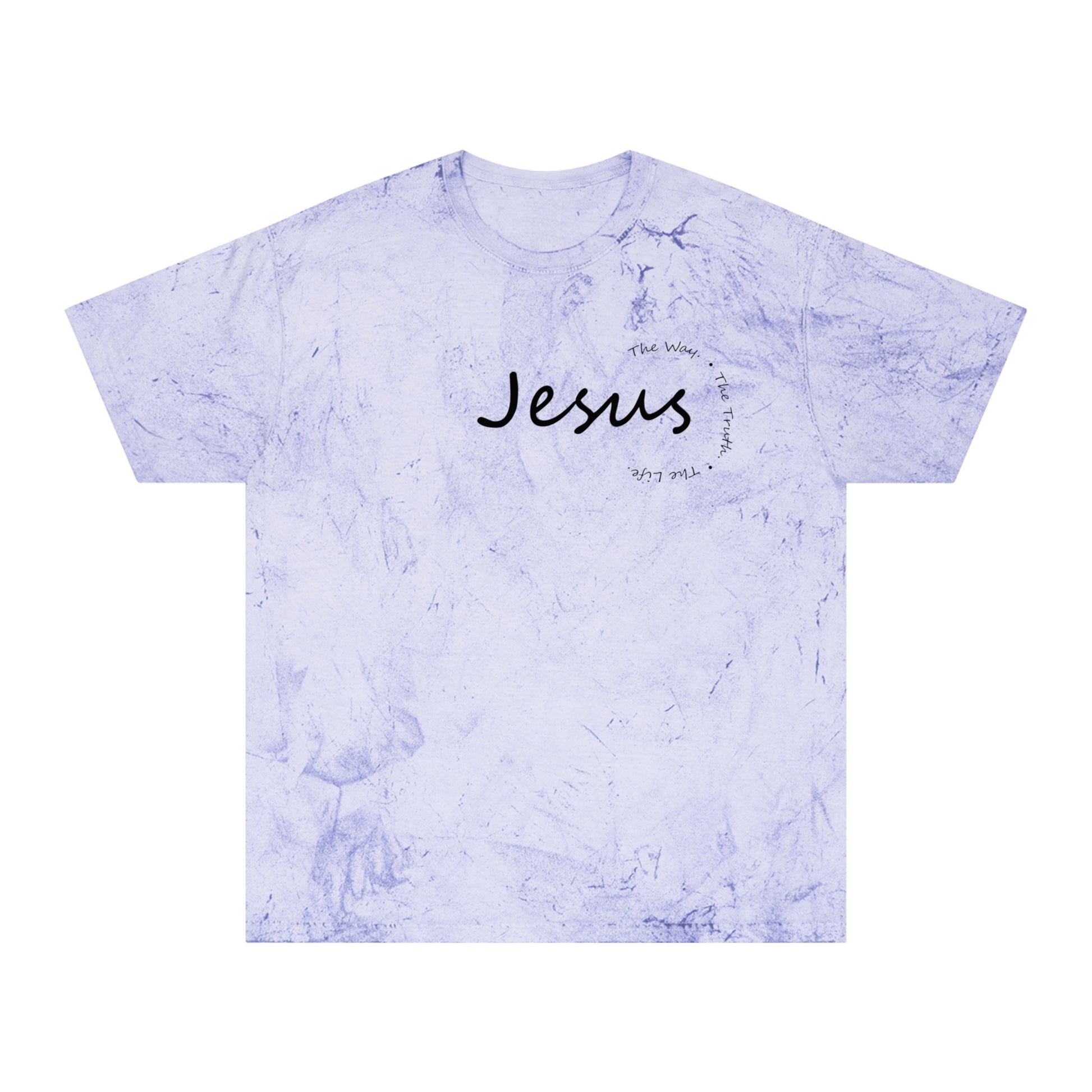Purple tie-dye t-shirt with 'Jesus' printed on it against a white background