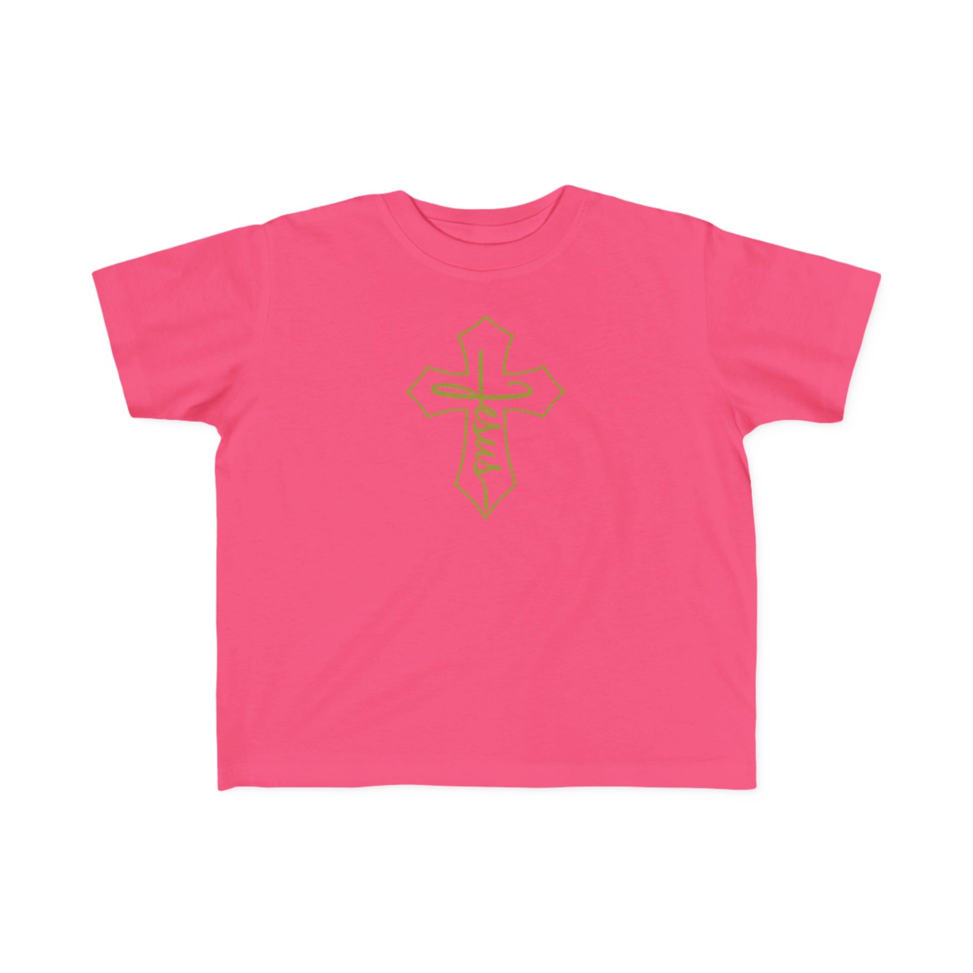 Pink t-shirt with a gold cross design on a white background