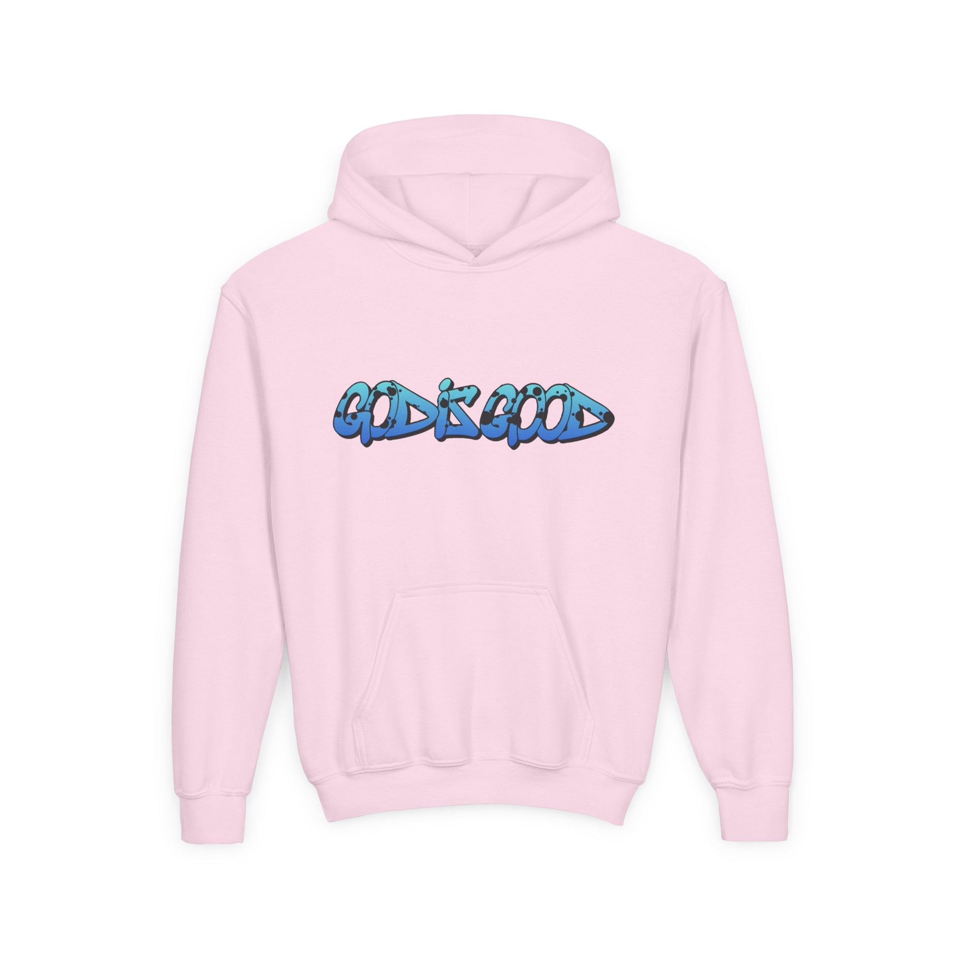 Youth Pink cotton hoodie with 'God is Good' text in bold white, Christian faith design for teens