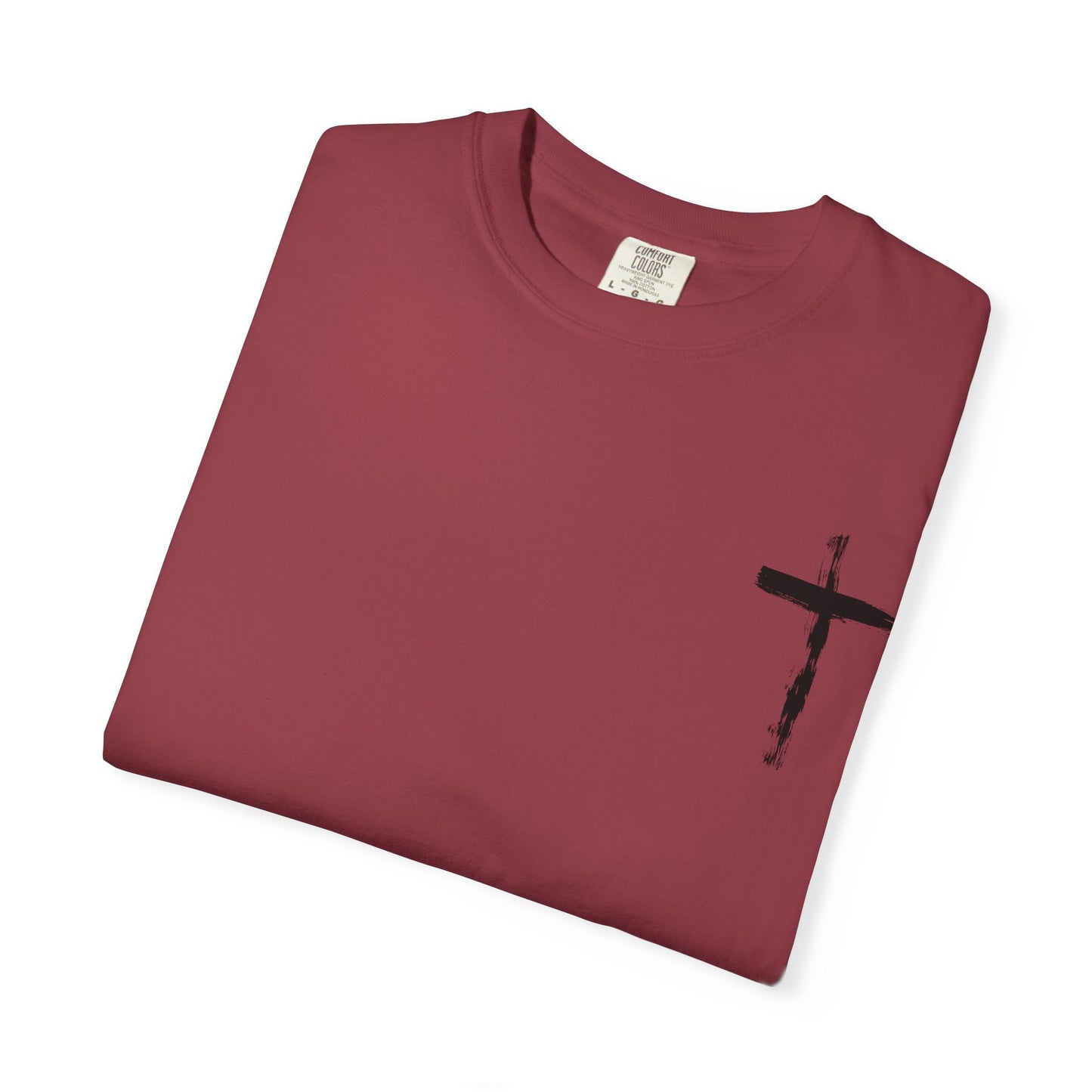 Men's white T-shirt with black cross and John 3:16 Bible verse, Christian faith apparel.
