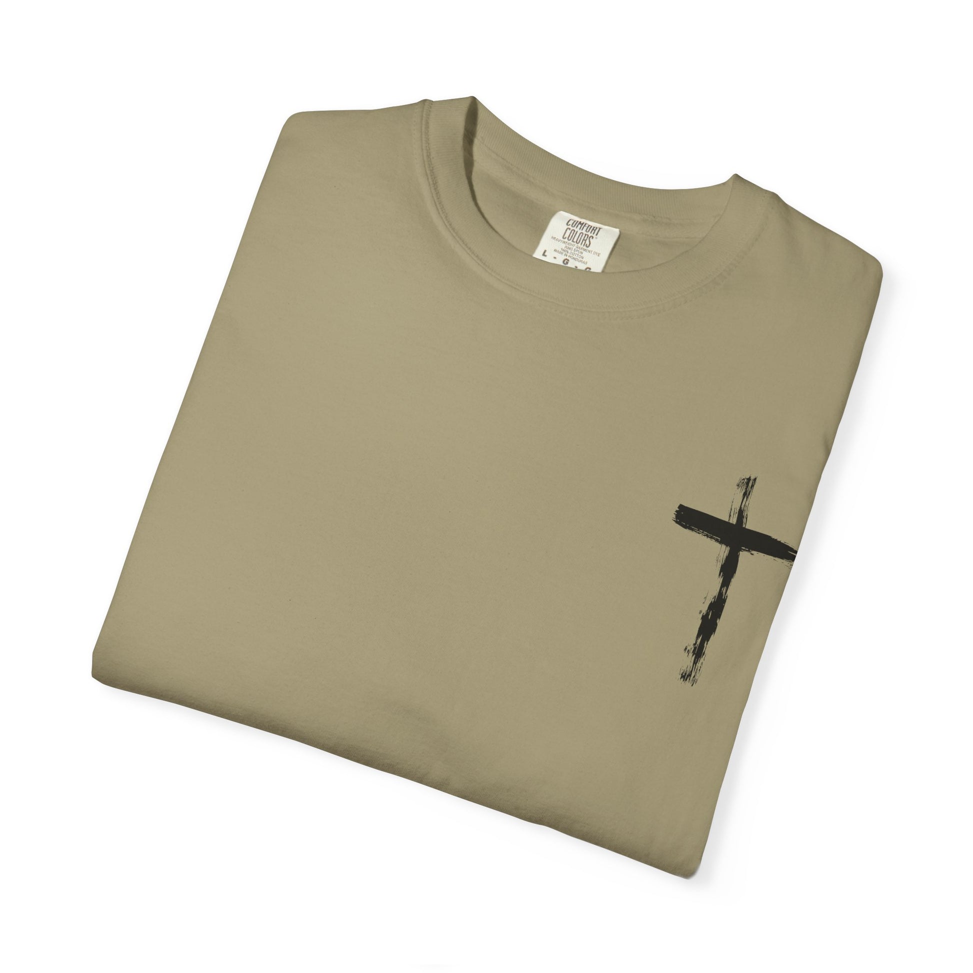 Men's white T-shirt with black cross and John 3:16 Bible verse, Christian faith apparel.