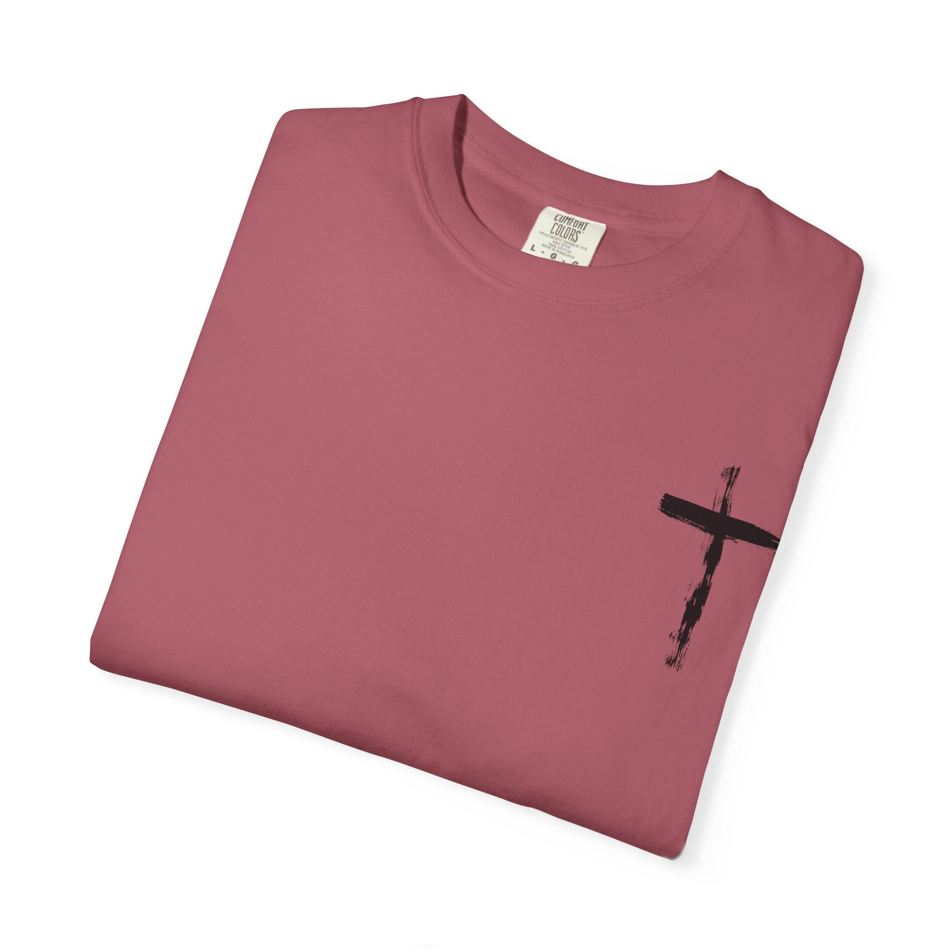 Men's white T-shirt with black cross and John 3:16 Bible verse, Christian faith apparel.