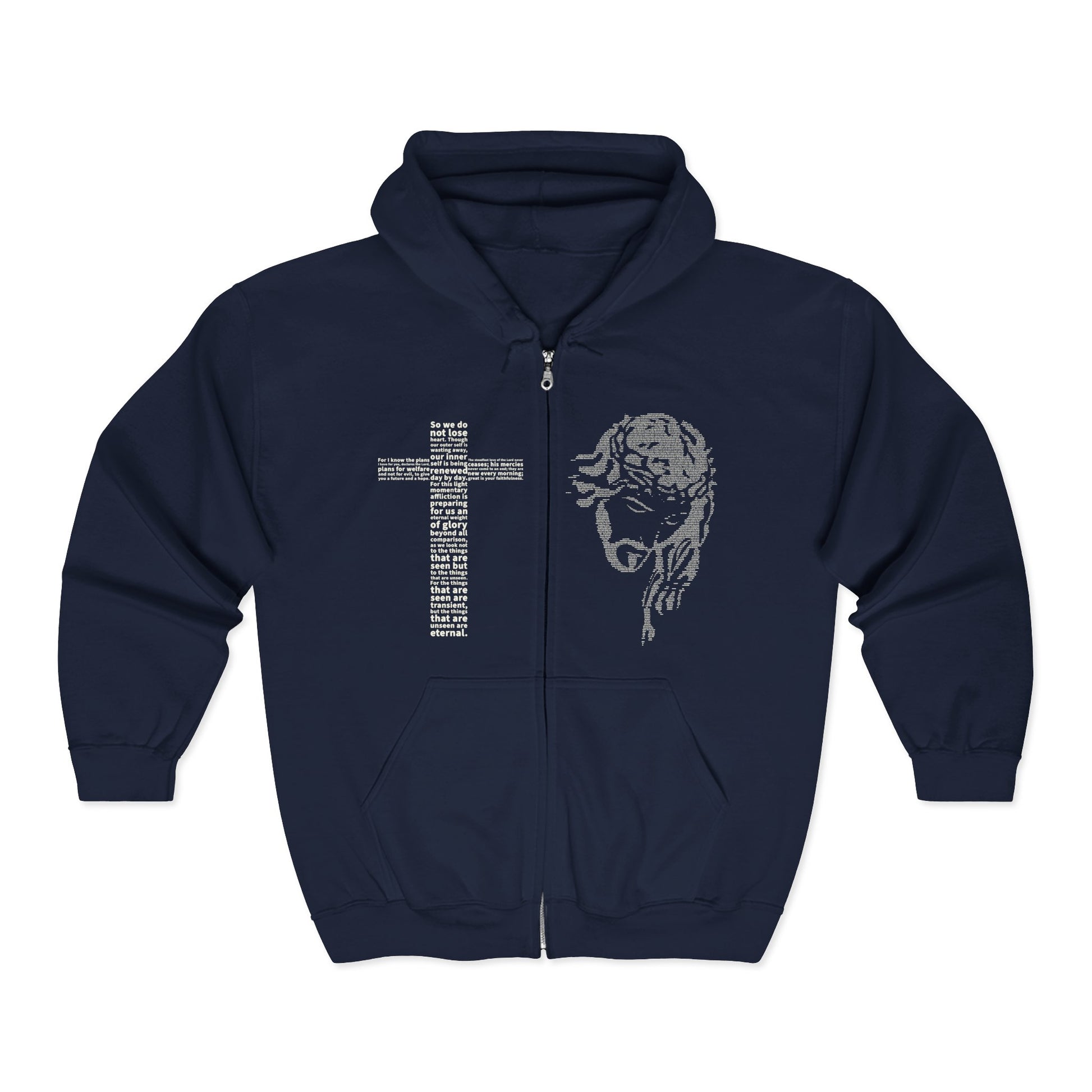 Navy blue hoodie with a graphic design on a white background