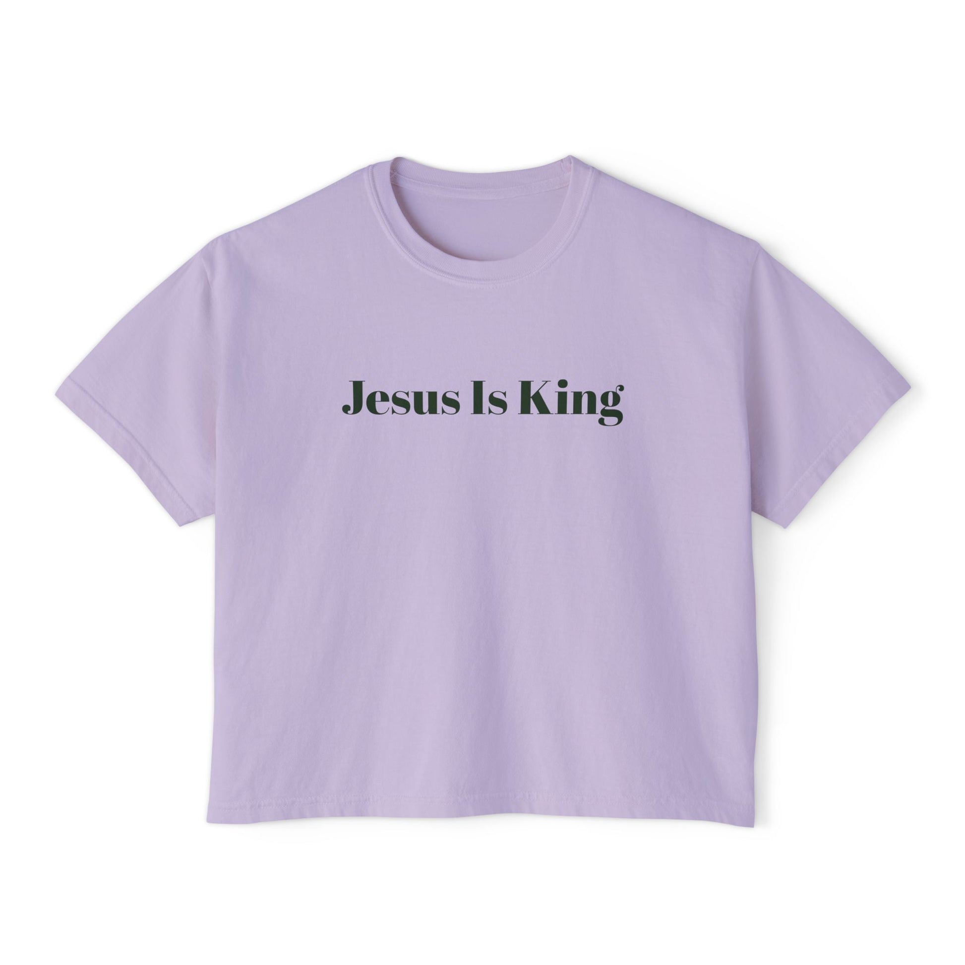 Lavender t-shirt with 'Jesus Is King' text on a white background