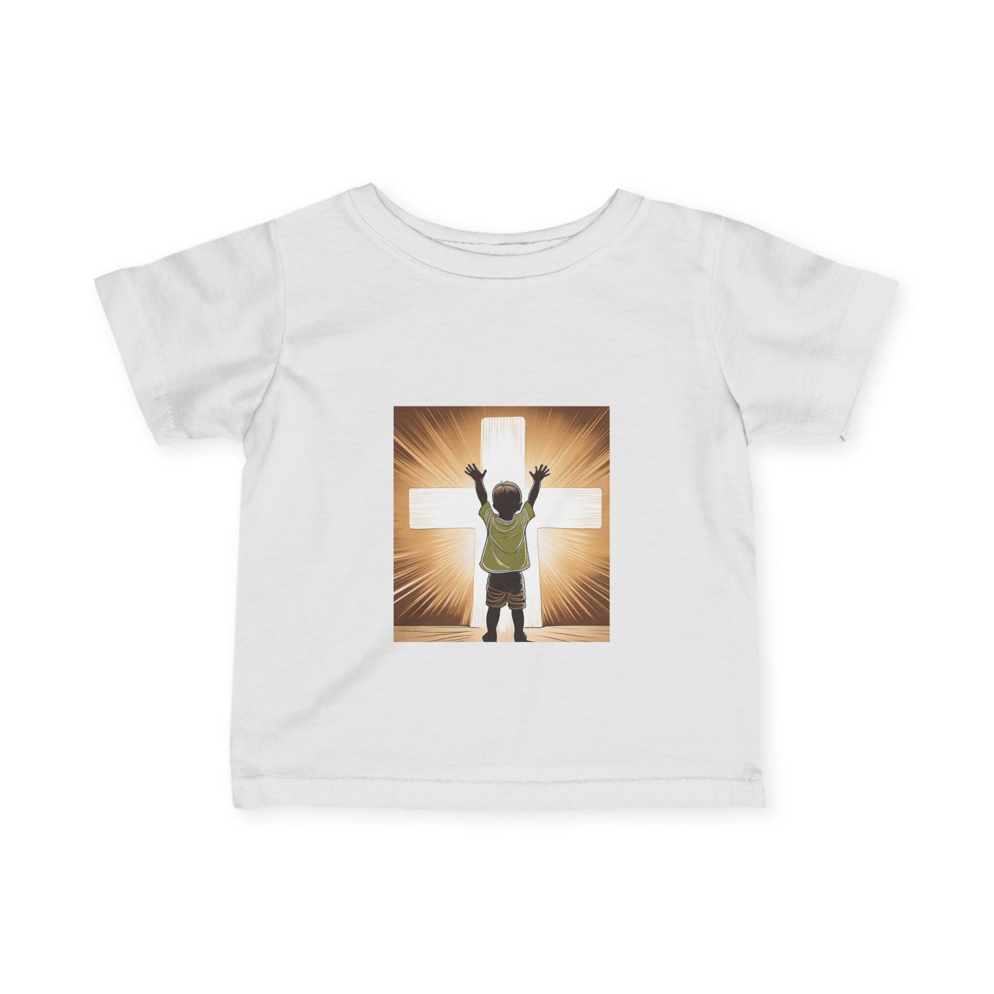White t-shirt with a graphic of a child standing in front of a cross on a white background