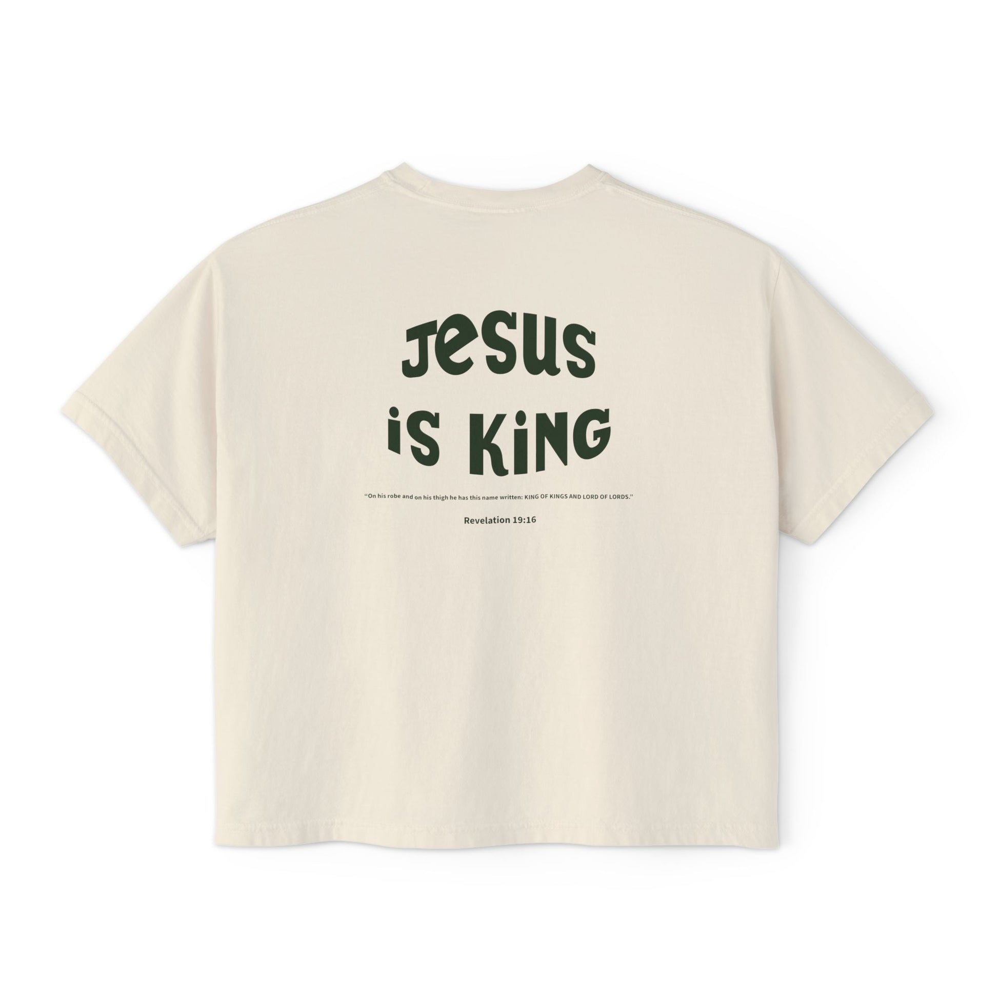 Beige t-shirt with 'Jesus is King' text on a white background