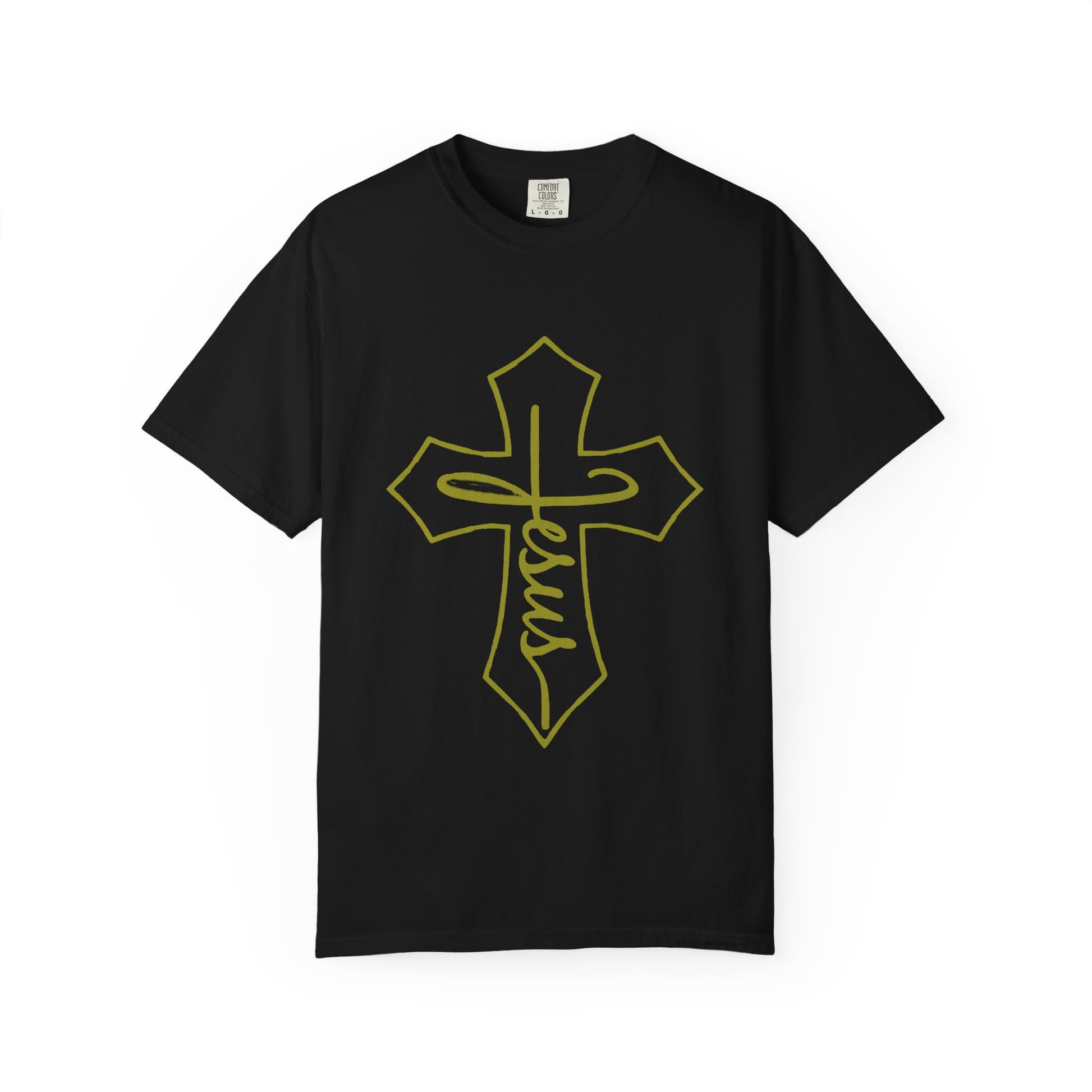 Black t-shirt with yellow cross design and 'Jesus' text on a white background