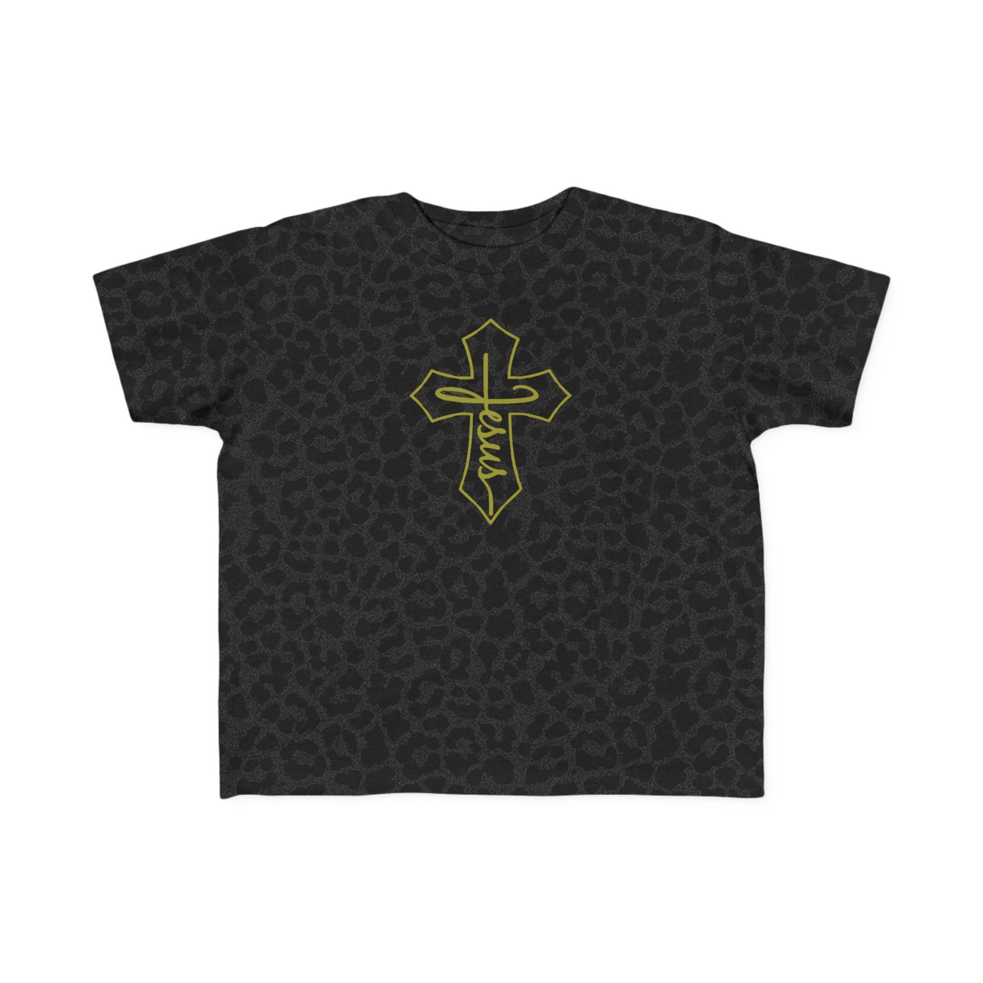 Black t-shirt with yellow cross design on a white background