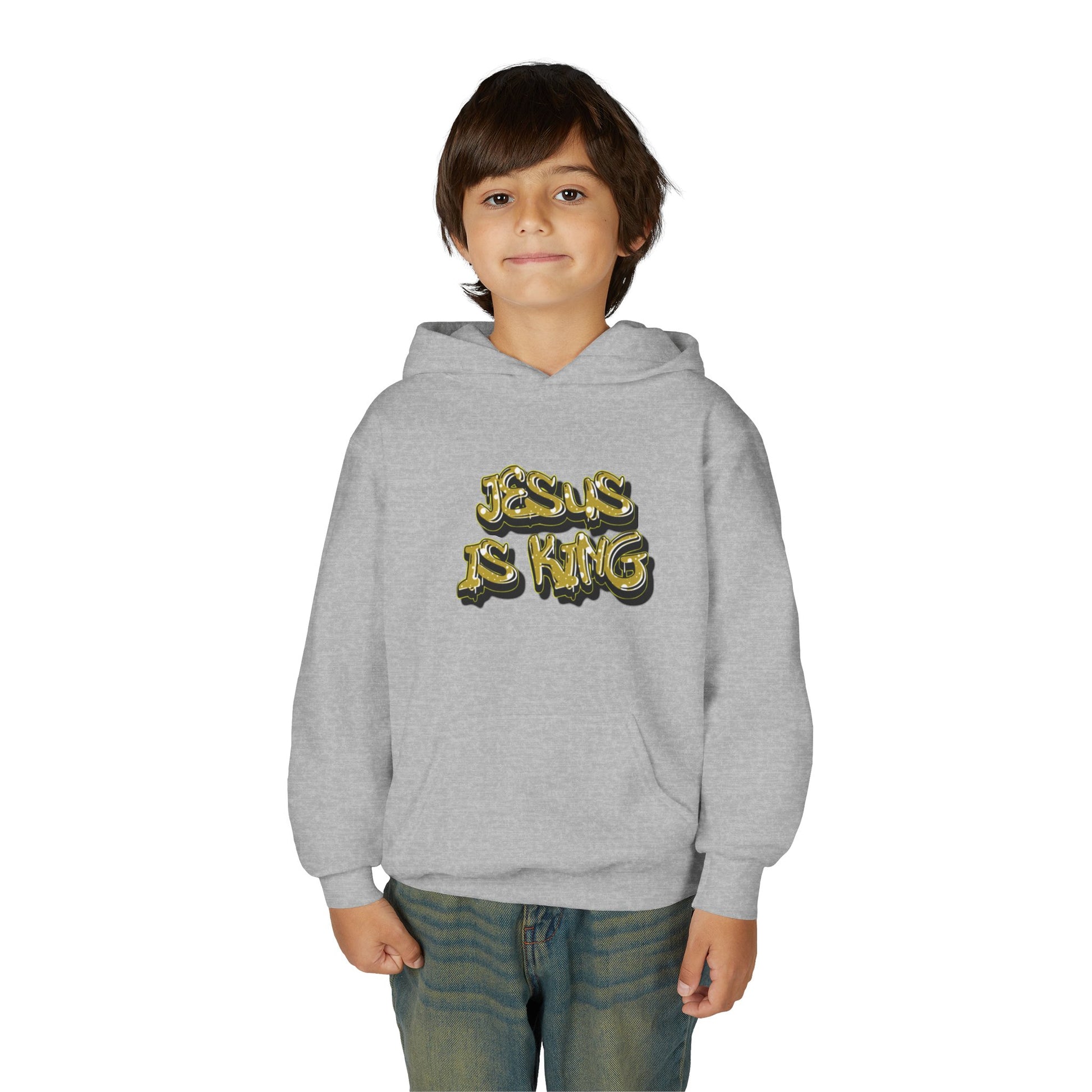Youth gold on black 'Jesus Is King' hoodie, urban Christian apparel for young believers.