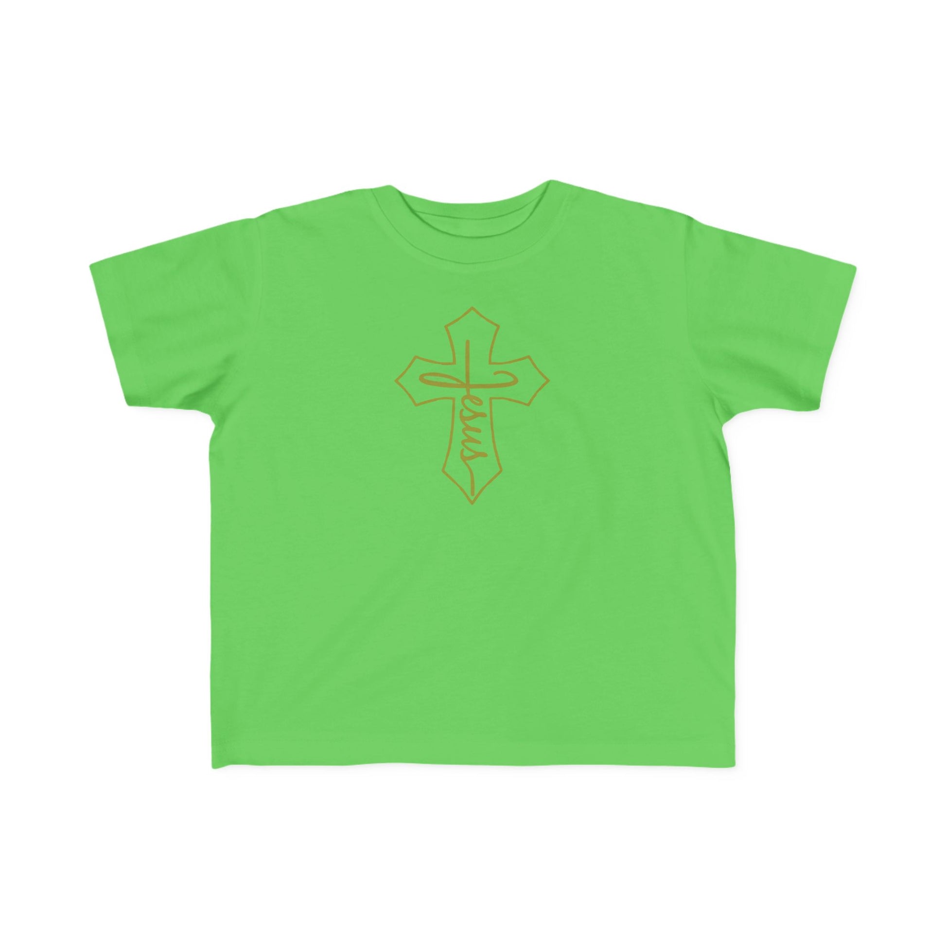 Green t-shirt with a cross design on a white background
