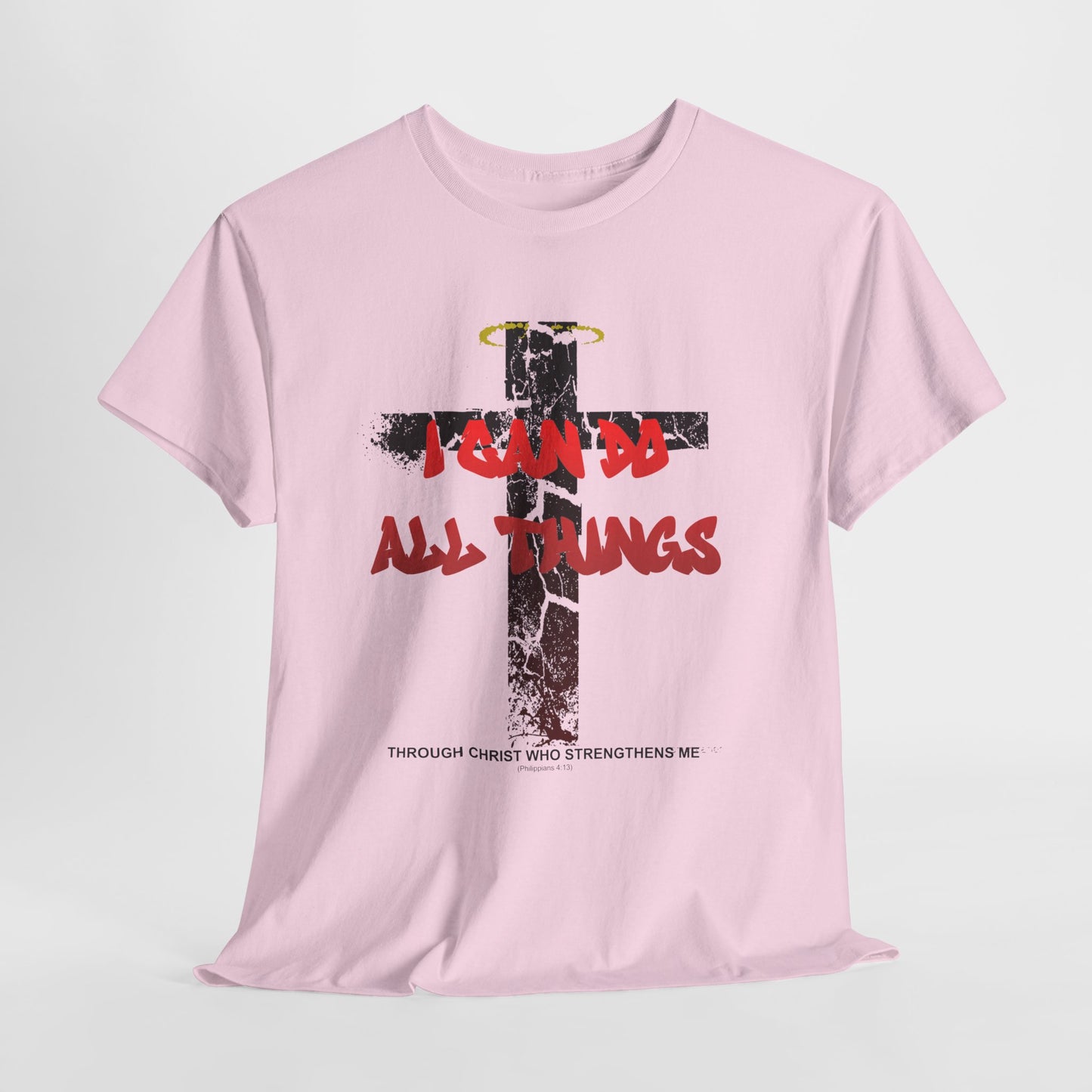 Shattered Cross Graffiti Philippians 4:13 Christian t-shirt with red distressed text integrated into cracked cross