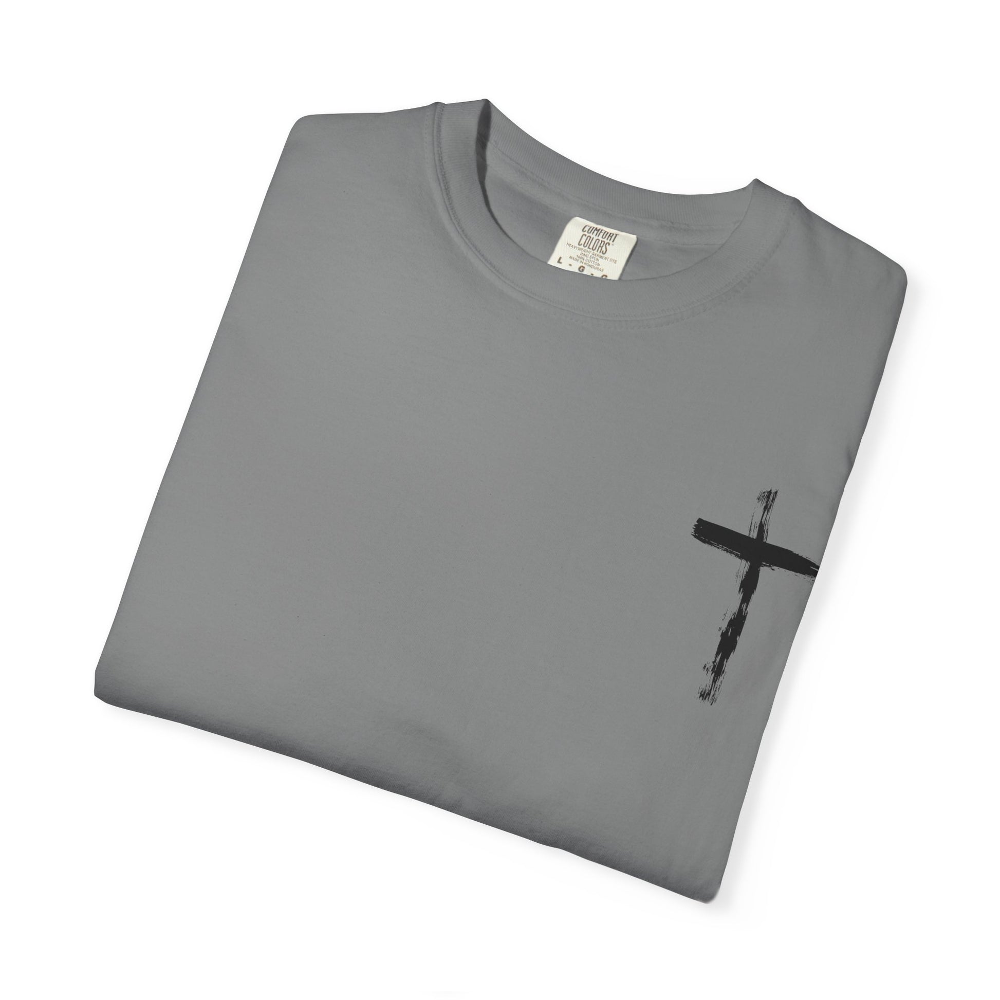 Men's white T-shirt with black cross and John 3:16 Bible verse, Christian faith apparel.