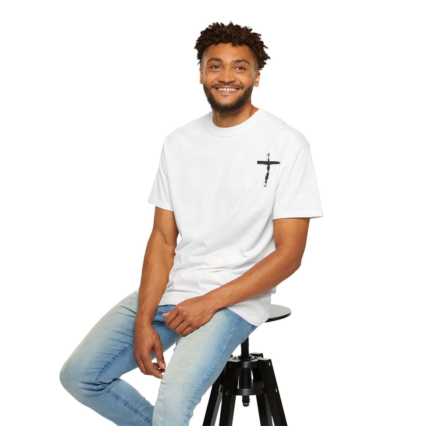 Men's white T-shirt with black cross and John 3:16 Bible verse, Christian faith apparel.
