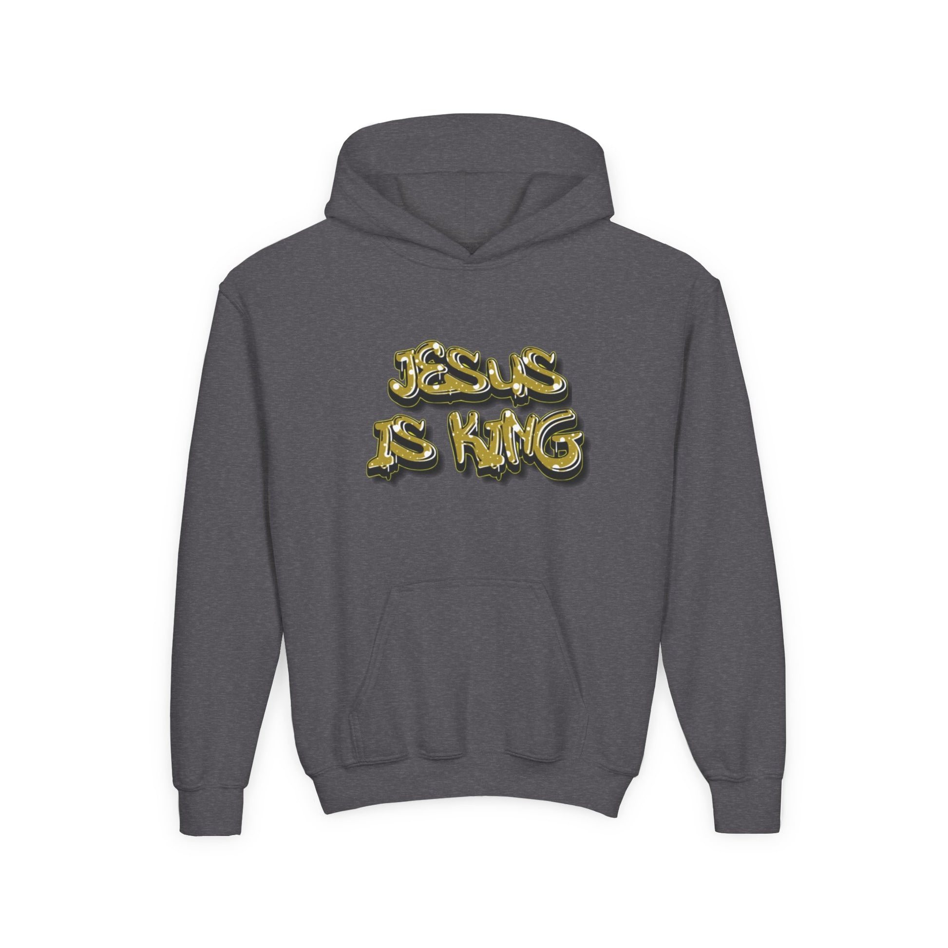 Youth gold on black 'Jesus Is King' hoodie, urban Christian apparel for young believers.