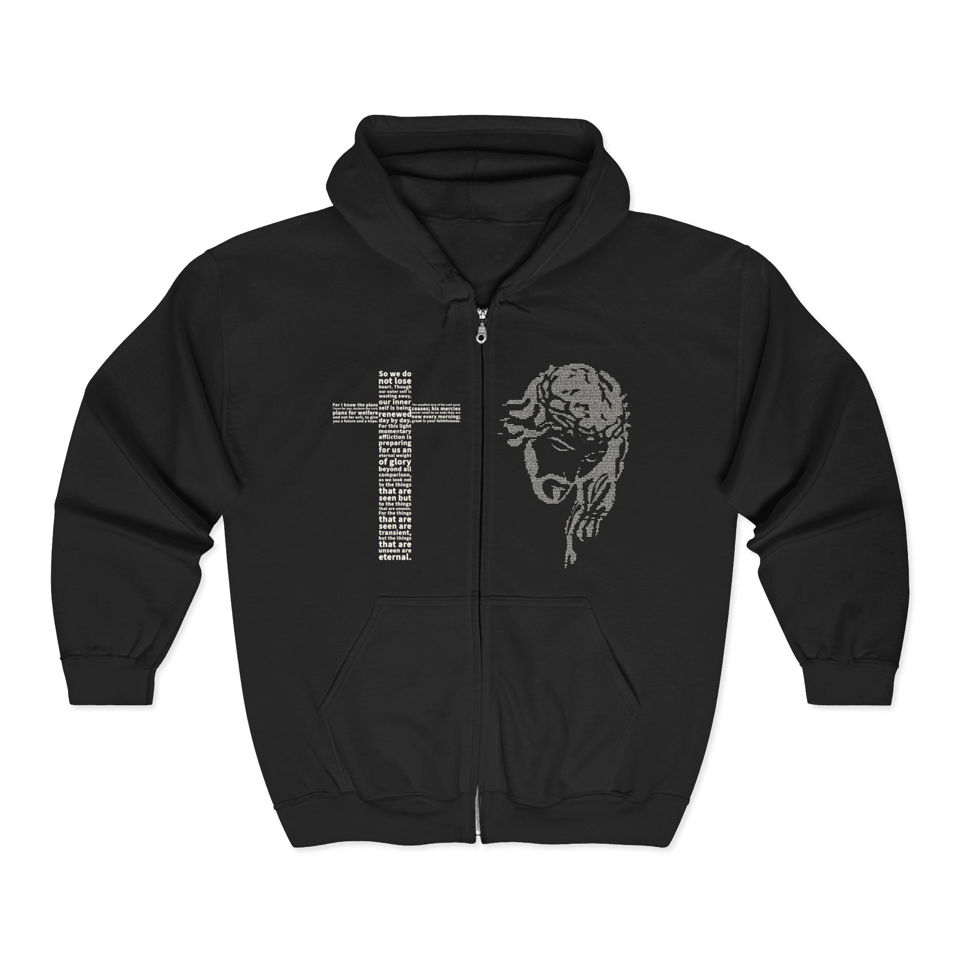 Black hoodie with a graphic design on a white background