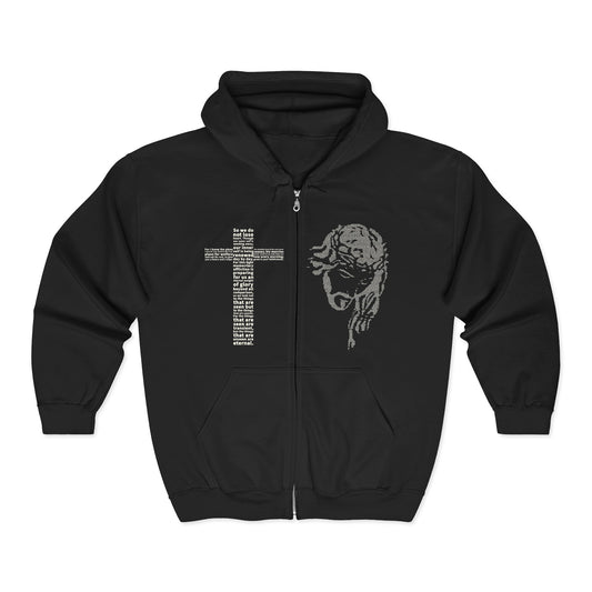 Black hoodie with a graphic design on a white background