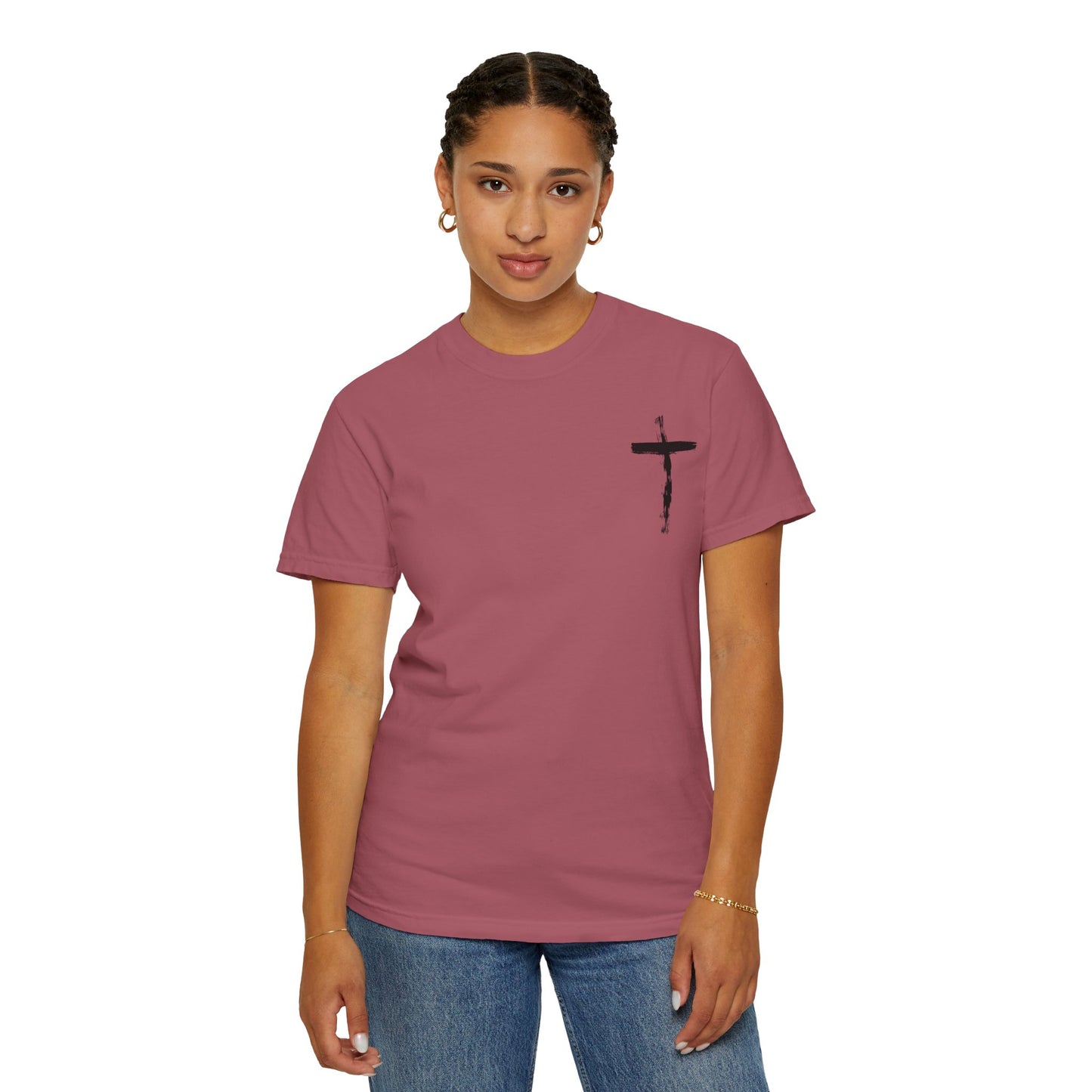 Men's white T-shirt with black cross and John 3:16 Bible verse, Christian faith apparel.