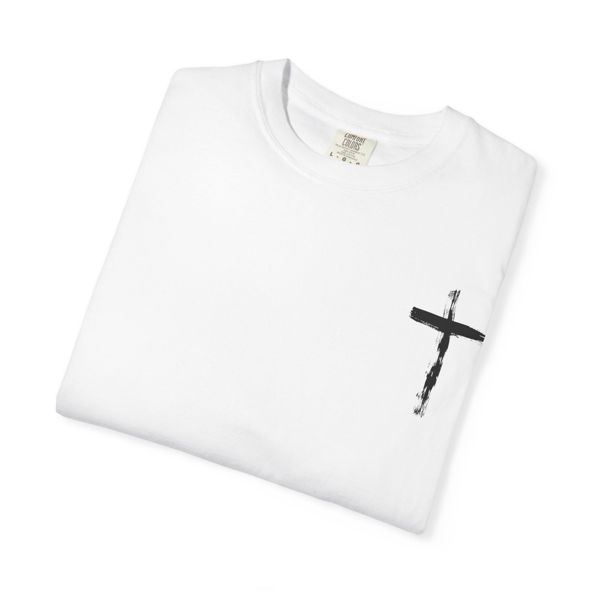 Men's white T-shirt with black cross and John 3:16 Bible verse, Christian faith apparel.