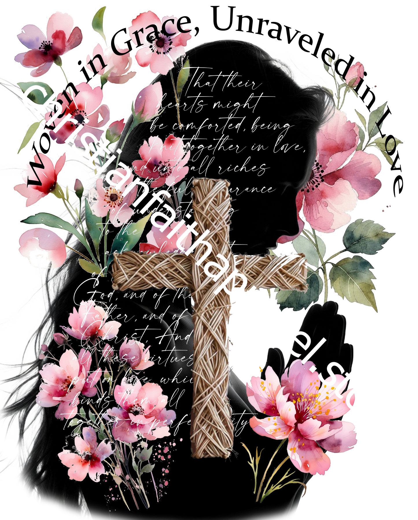 Woven in Grace Hoodie - Pink Floral Faith Verse Pullover with Cross & Prayer Silhouette