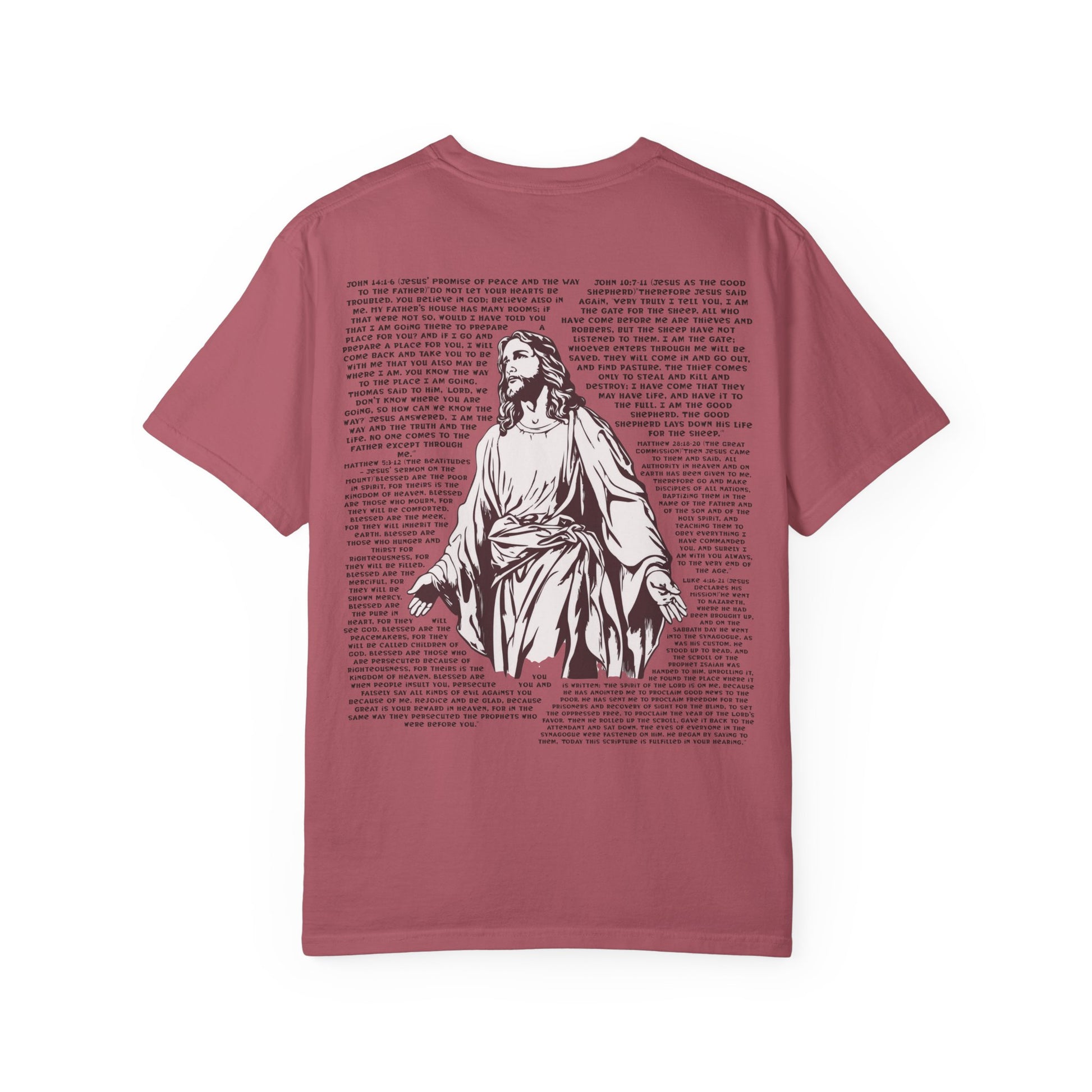 Men's white T-shirt with black cross and John 3:16 Bible verse, Christian faith apparel.