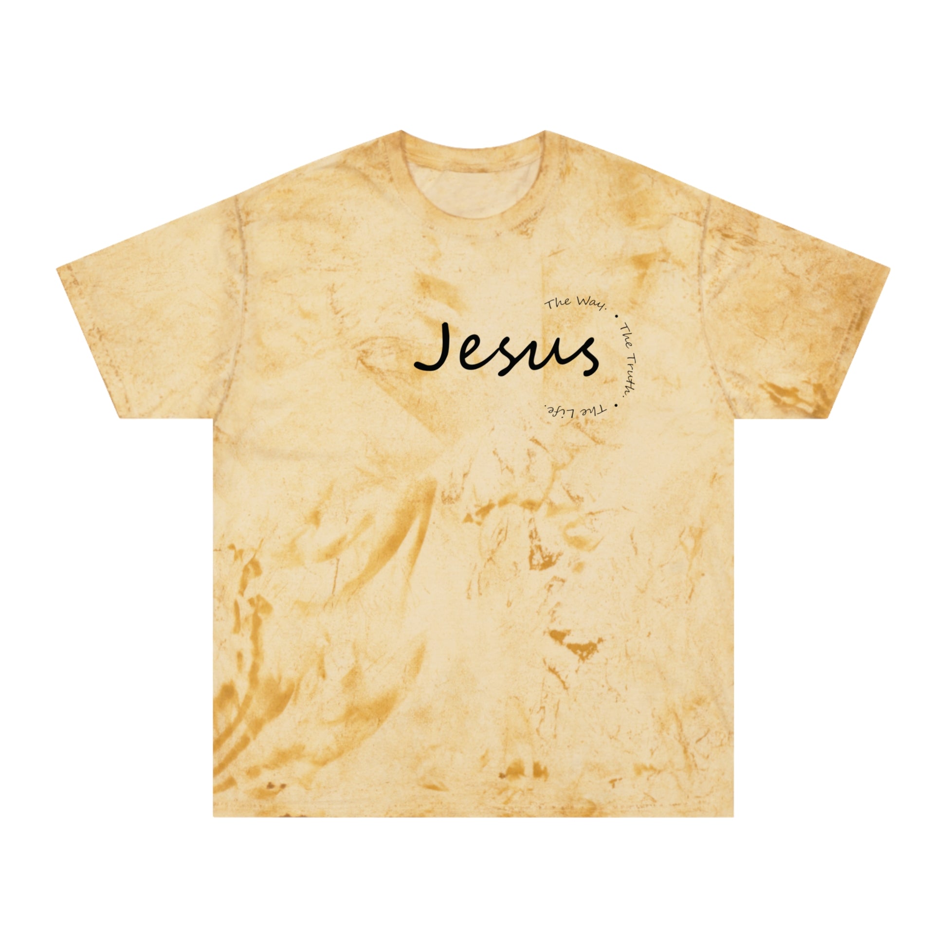 Beige tie-dye t-shirt with 'Jesus' text on a white background