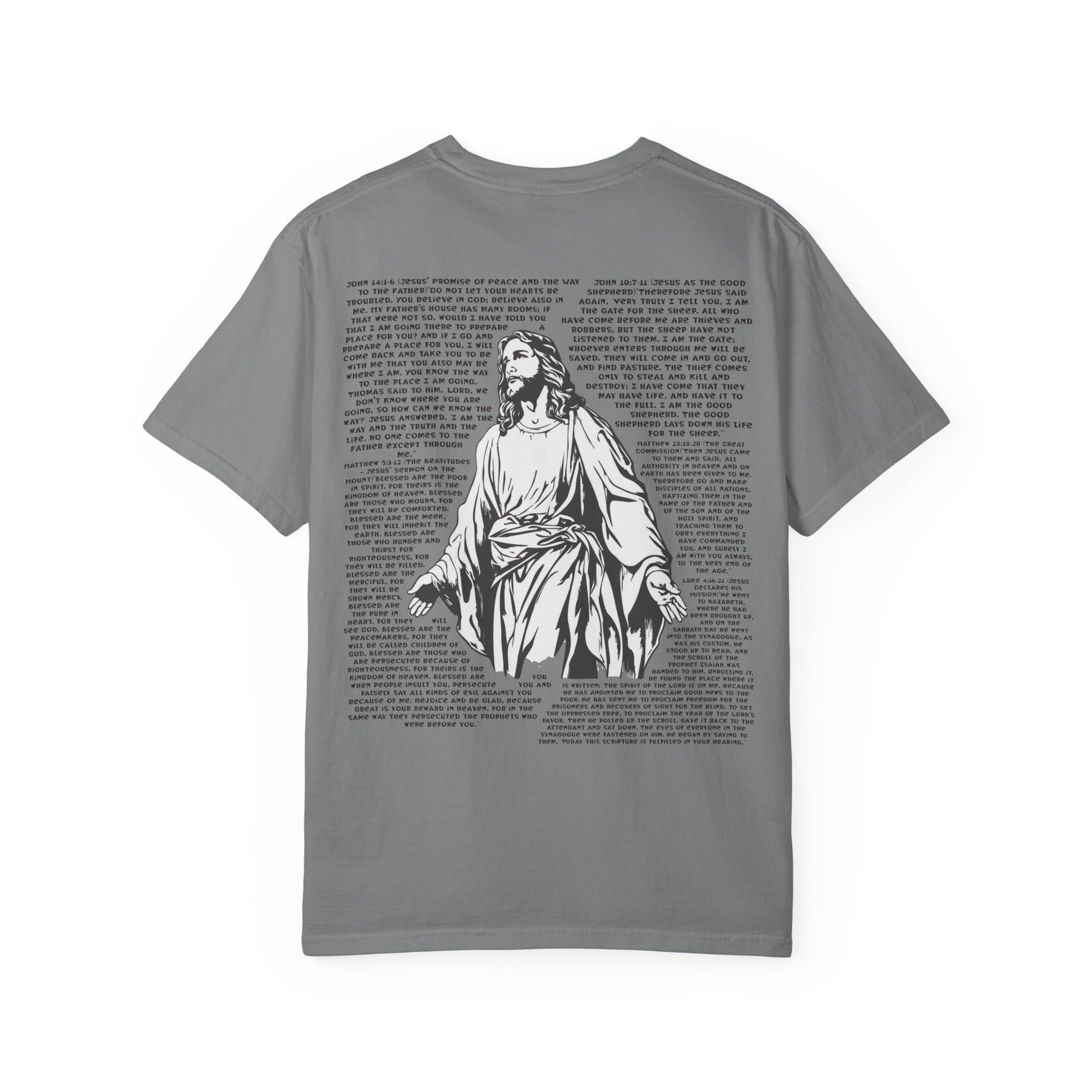 Men's white T-shirt with black cross and John 3:16 Bible verse, Christian faith apparel.