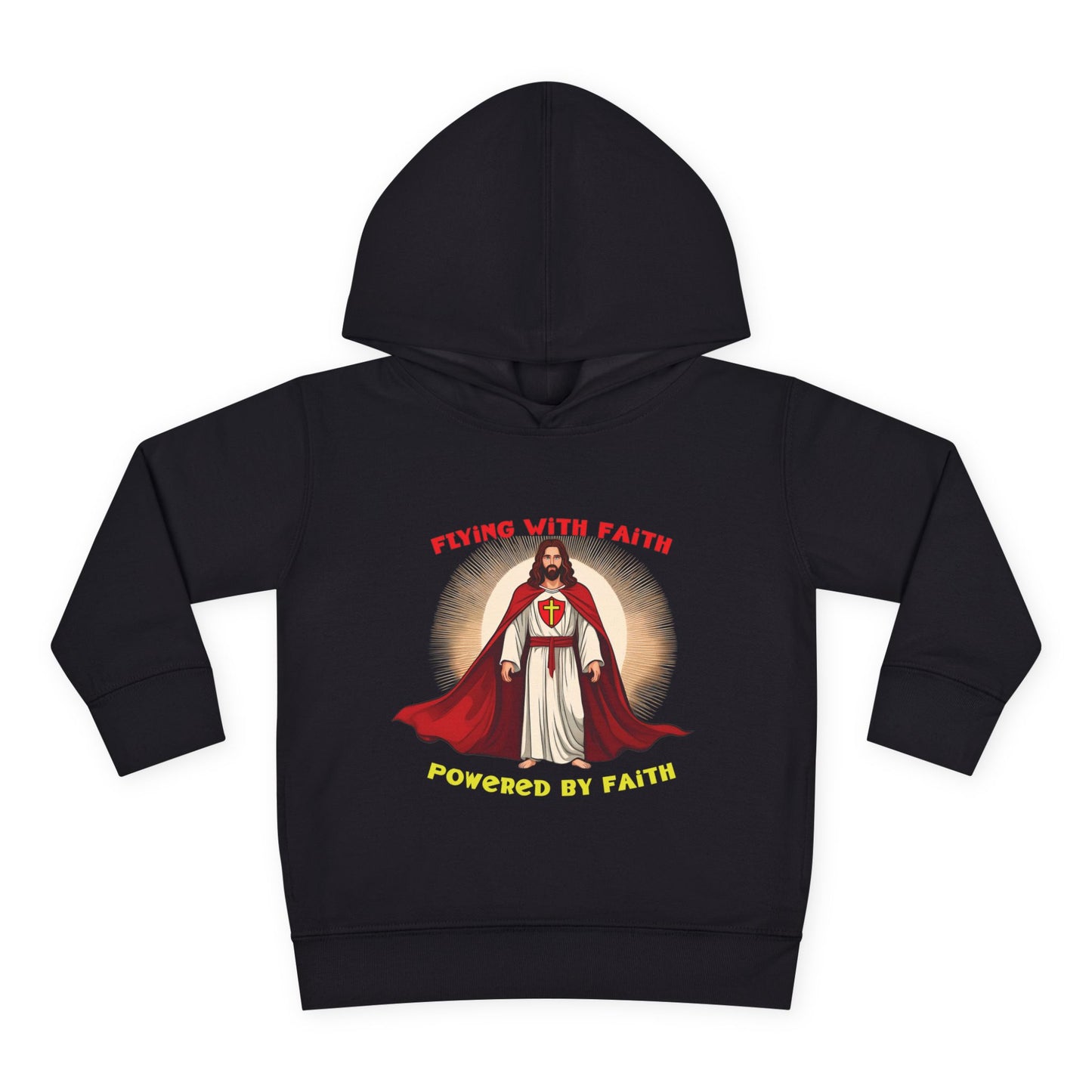 Toddler blue hoodie with Flying with Faith text and superhero Jesus graphic, vibrant Christian kids apparel