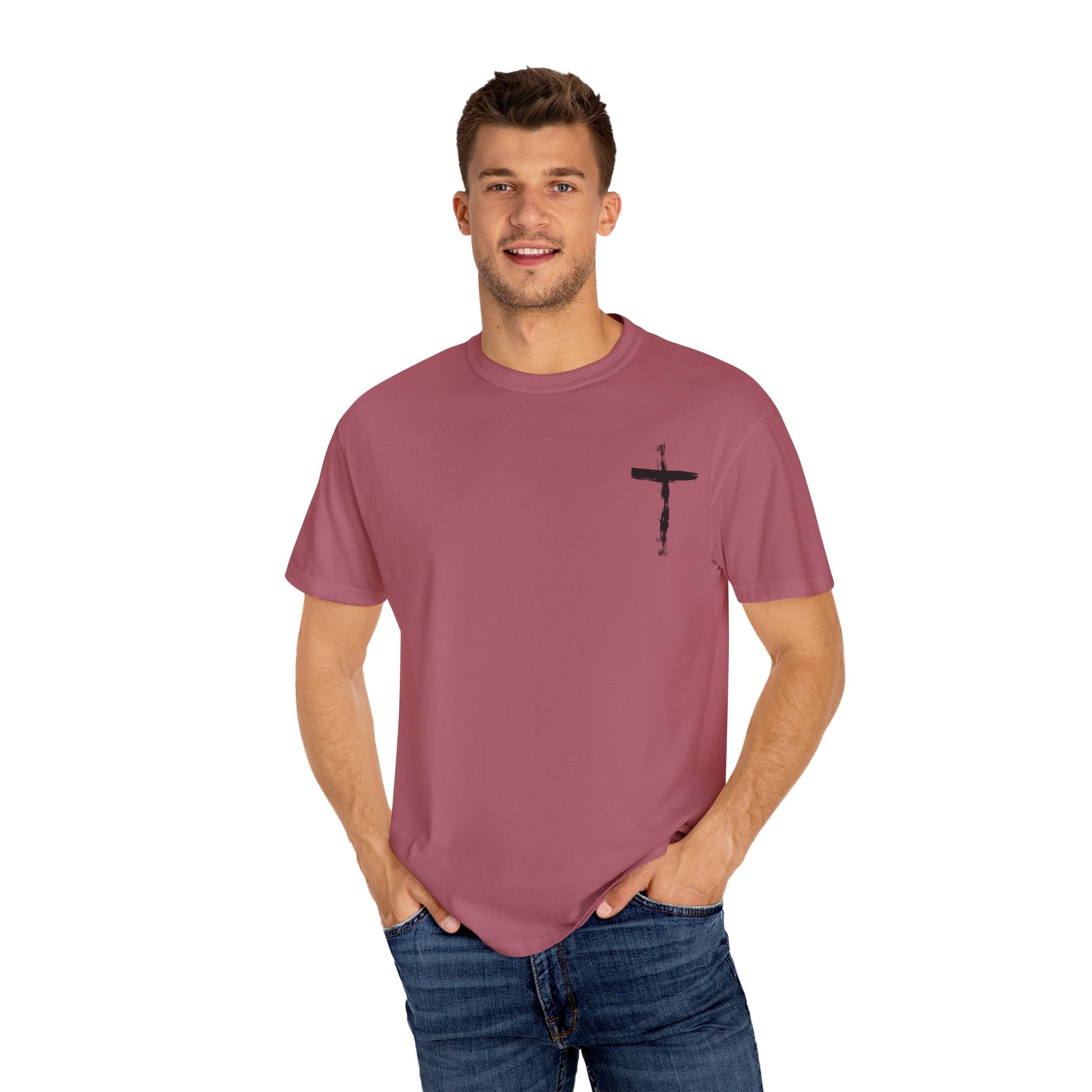 Men's white T-shirt with black cross and John 3:16 Bible verse, Christian faith apparel.