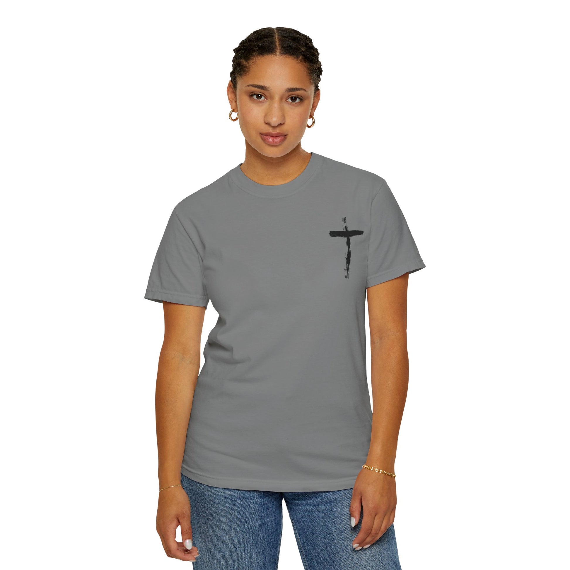Men's white T-shirt with black cross and John 3:16 Bible verse, Christian faith apparel.