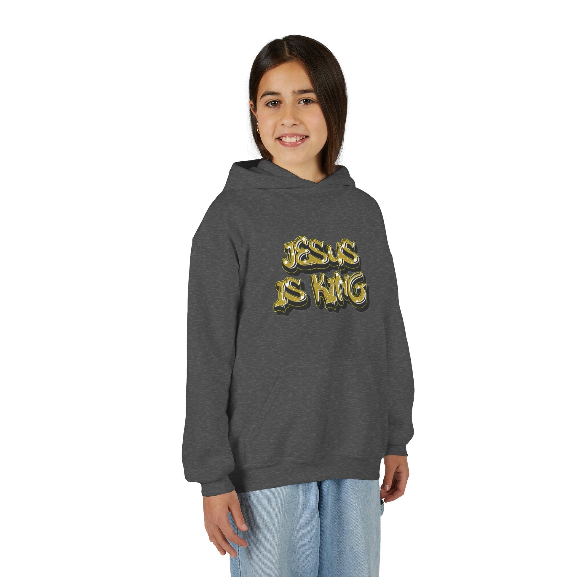 Youth gold on black 'Jesus Is King' hoodie, urban Christian apparel for young believers.
