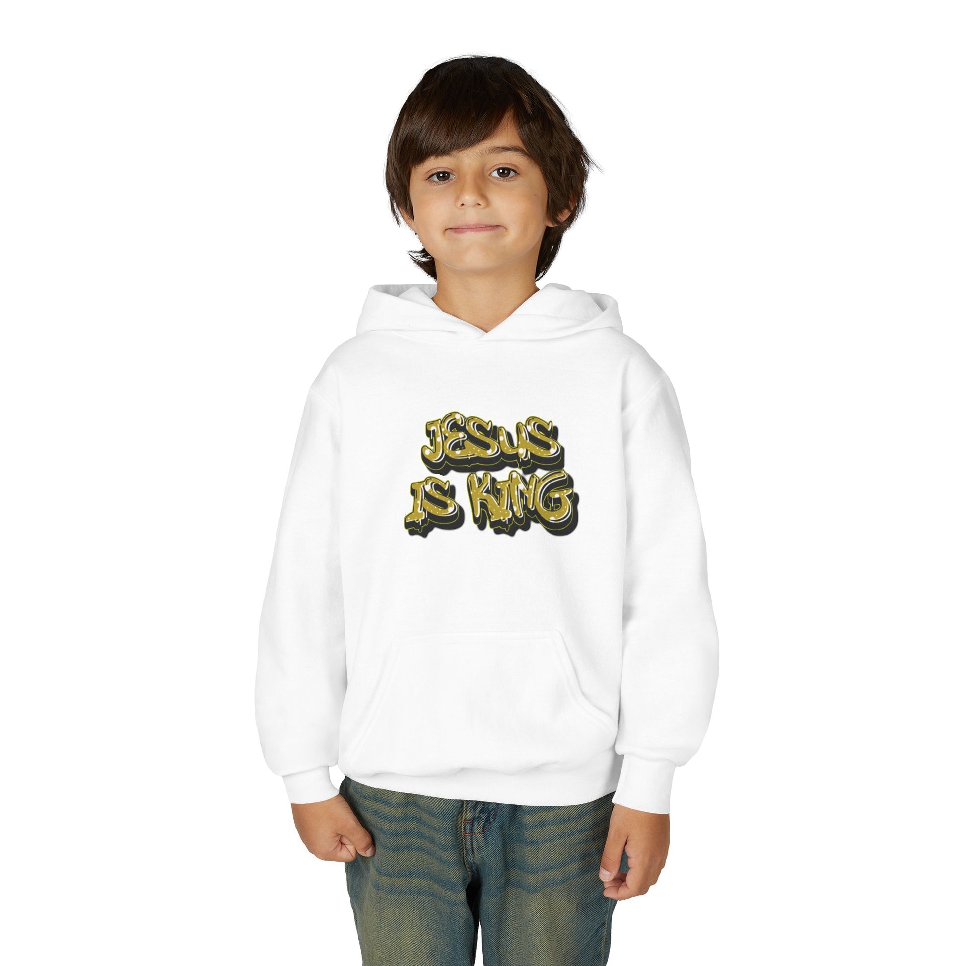 Youth gold on black 'Jesus Is King' hoodie, urban Christian apparel for young believers.