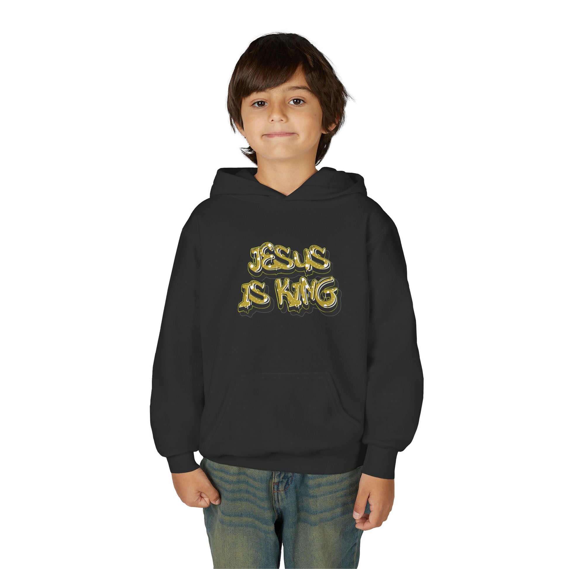 Youth gold on black 'Jesus Is King' hoodie, urban Christian apparel for young believers.