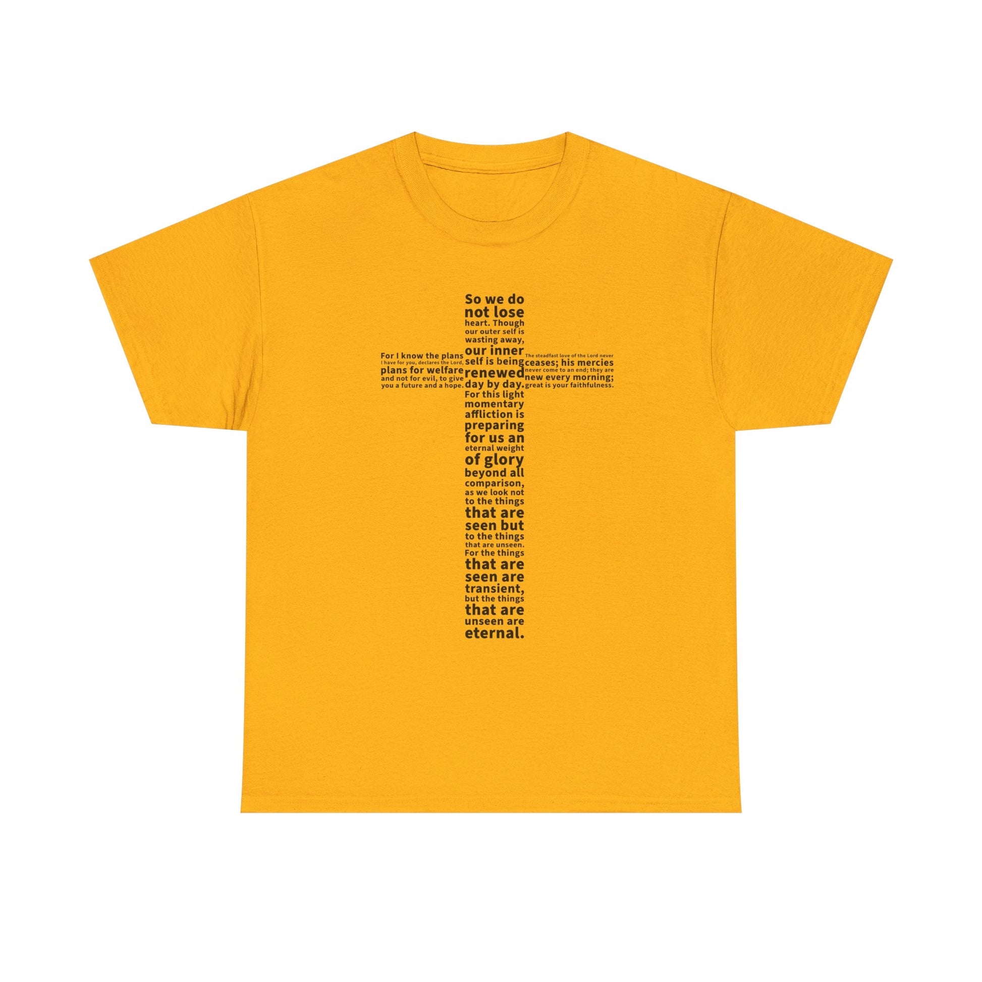 Yellow t-shirt with black text design on a white background