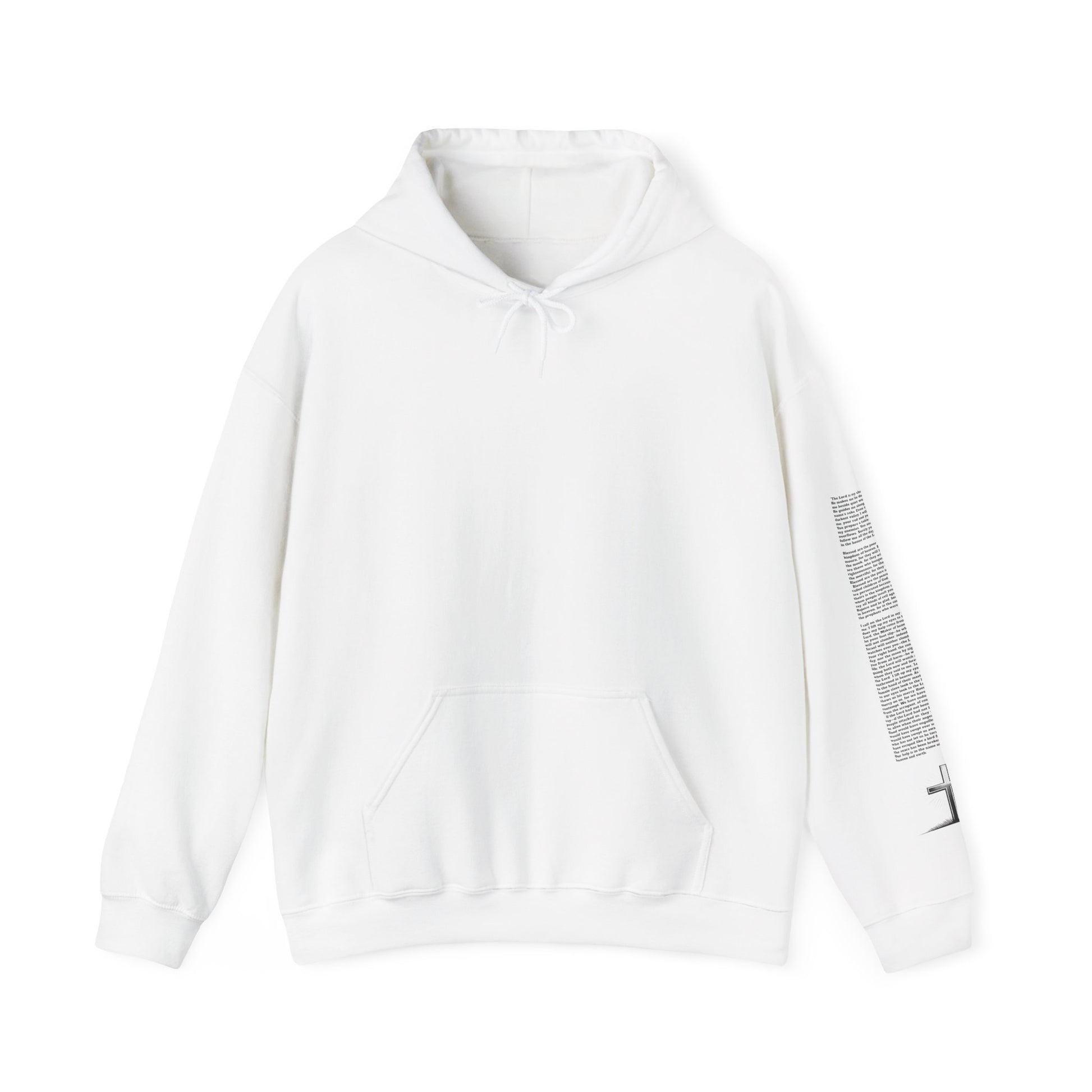 White hoodie with a decorative sleeve on a white background