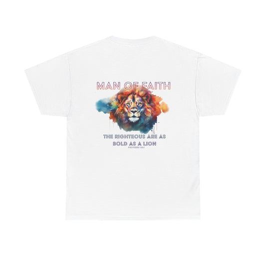 White t-shirt with a colorful lion graphic and text on a white background