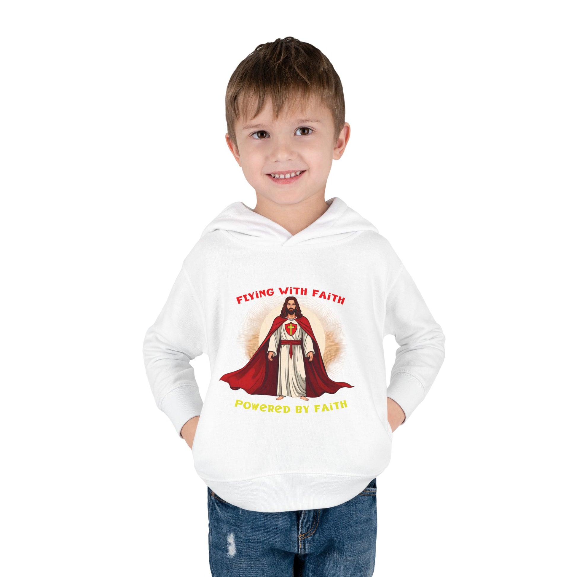Toddler blue hoodie with Flying with Faith text and superhero Jesus graphic, vibrant Christian kids apparel
