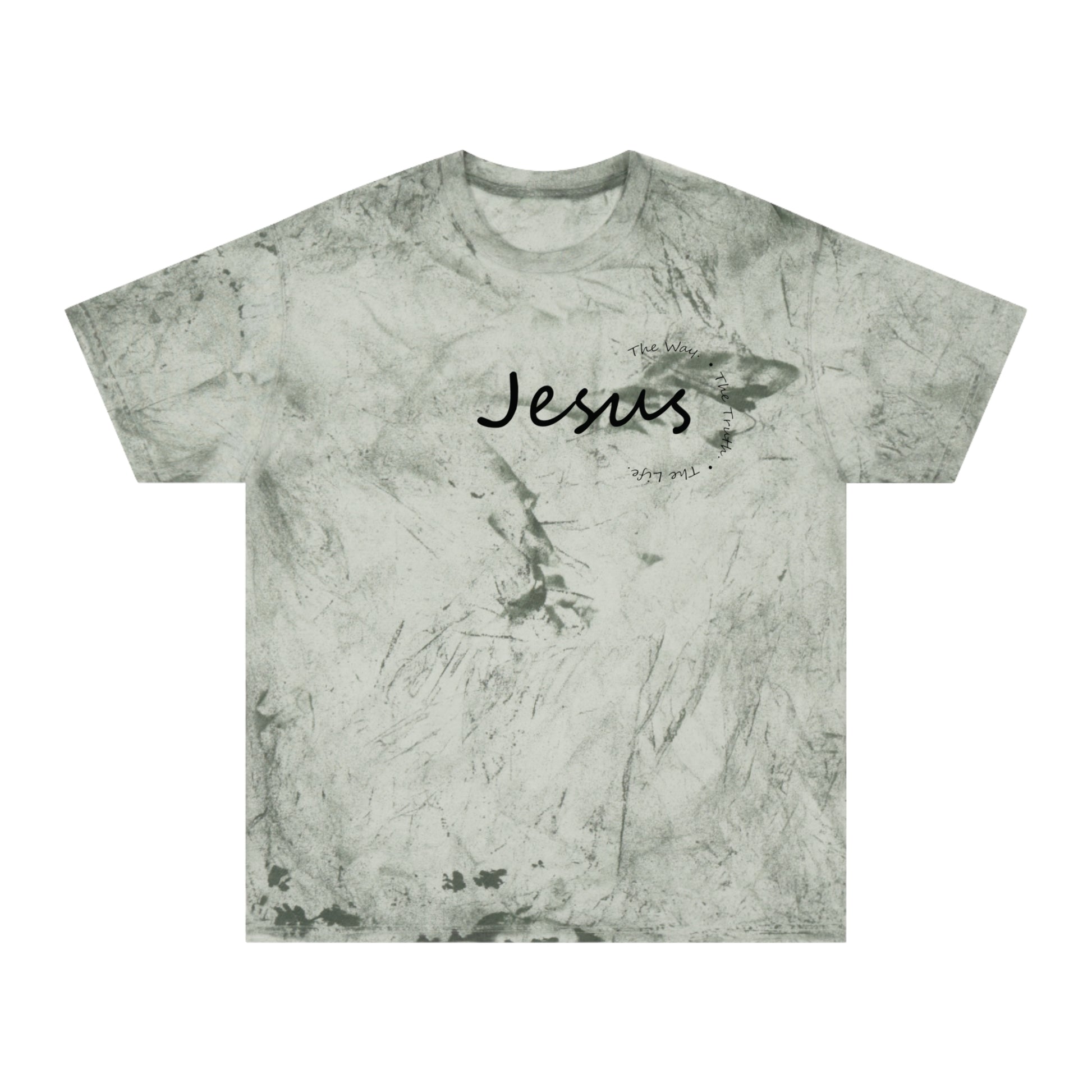 T-shirt with 'Jesus' text on a marble pattern background