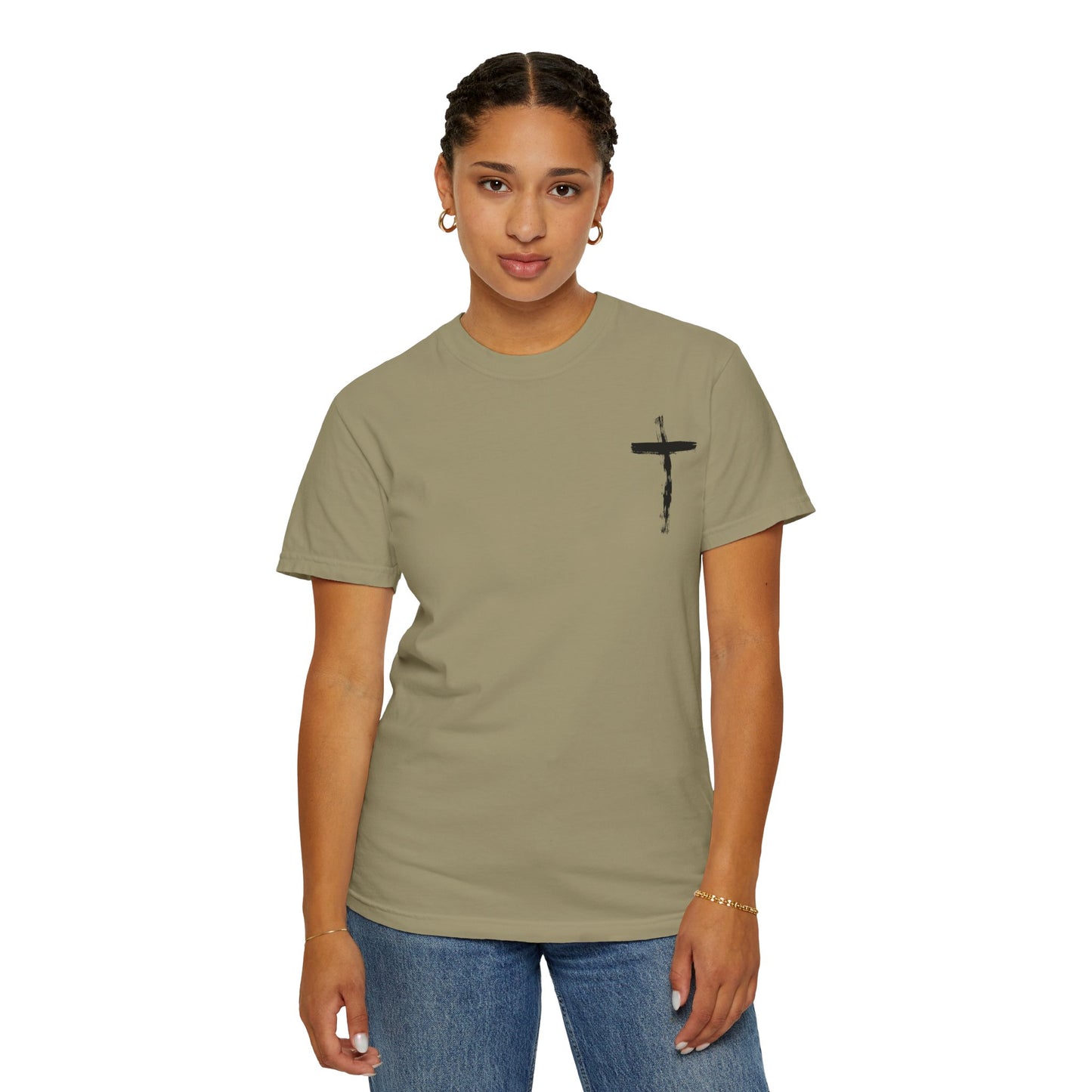 Men's white T-shirt with black cross and John 3:16 Bible verse, Christian faith apparel.