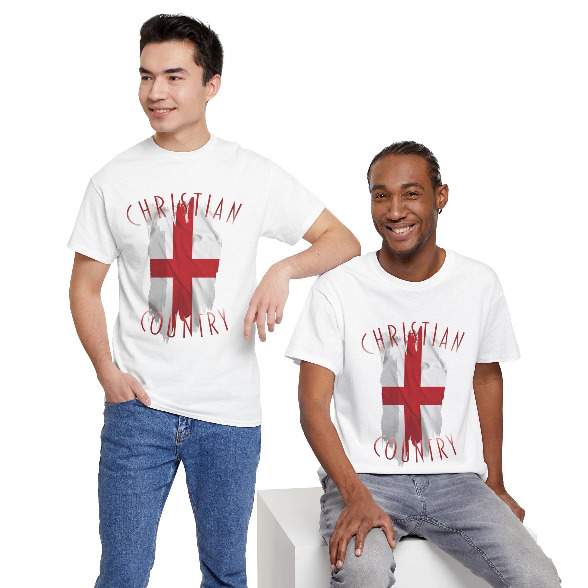 Two men wearing white t-shirts with a red cross design on a white background