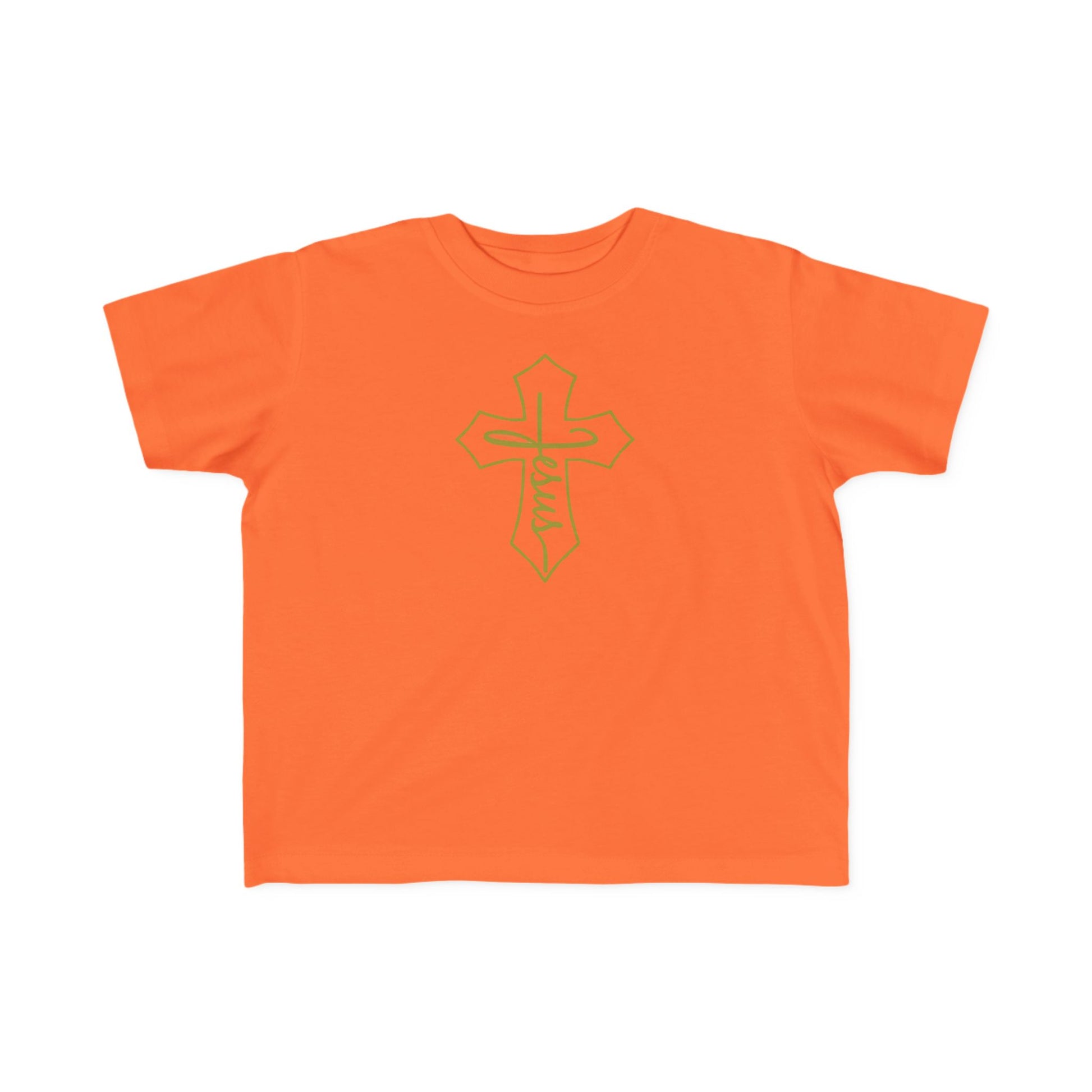 Orange t-shirt with a green graphic design on a white background