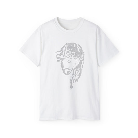 White t-shirt with a graphic design on a white background