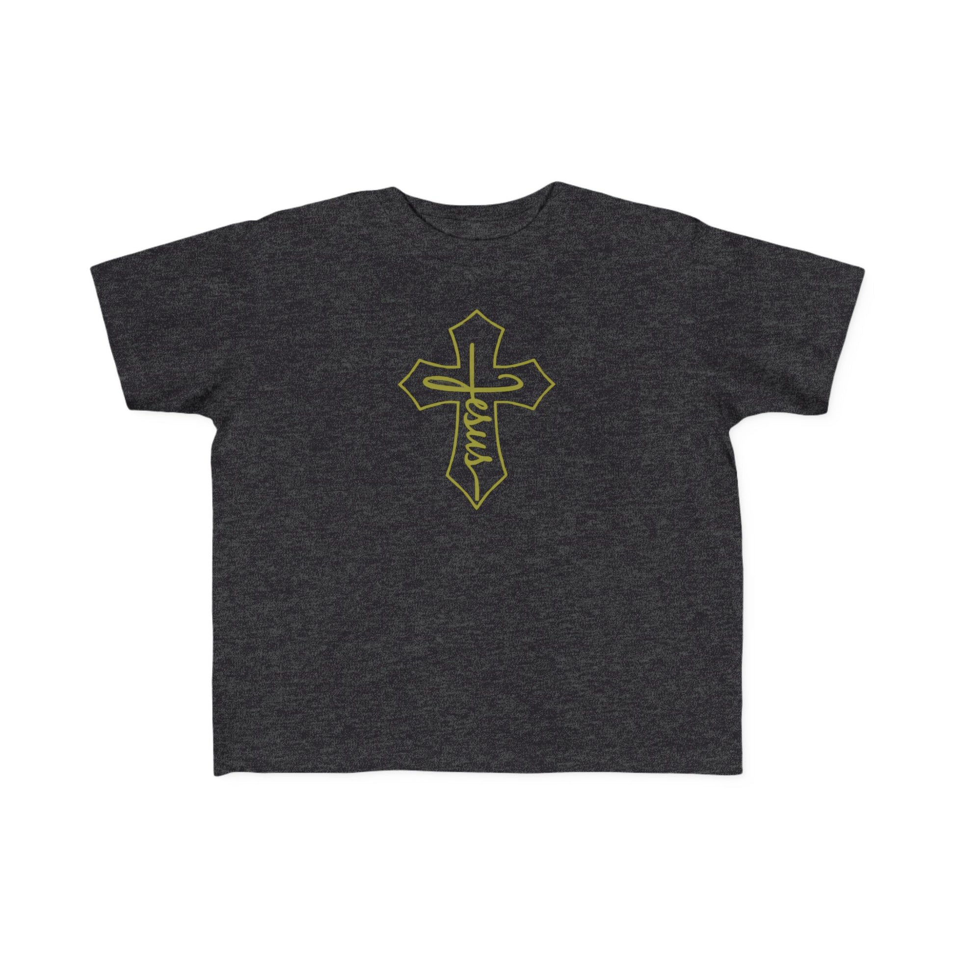 Dark gray t-shirt with a gold cross and 'Jesus' text on a white background